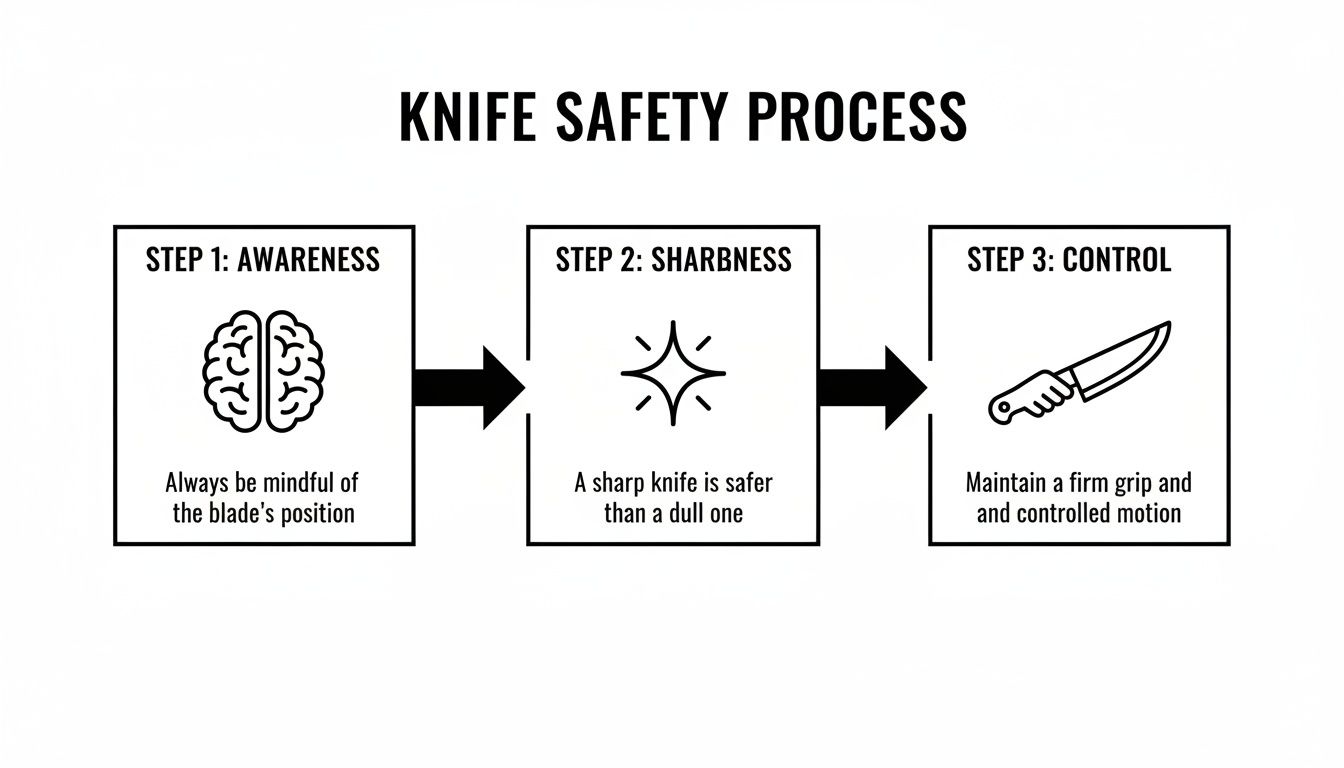 A diagram outlining a three-step knife safety process: awareness, sharpness, and control.