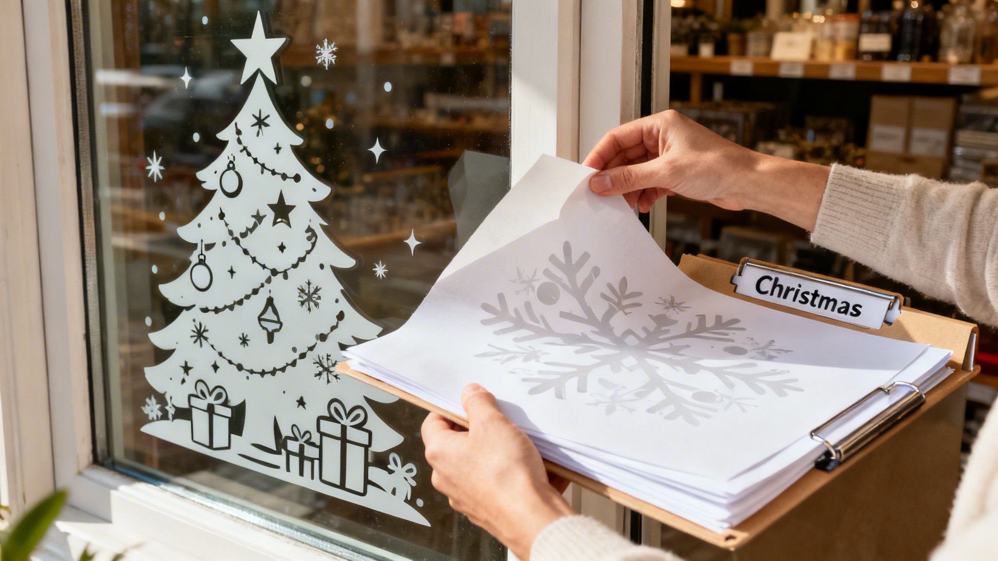 A person holds snowflake stencil designs, preparing to decorate a store window with Christmas decals.