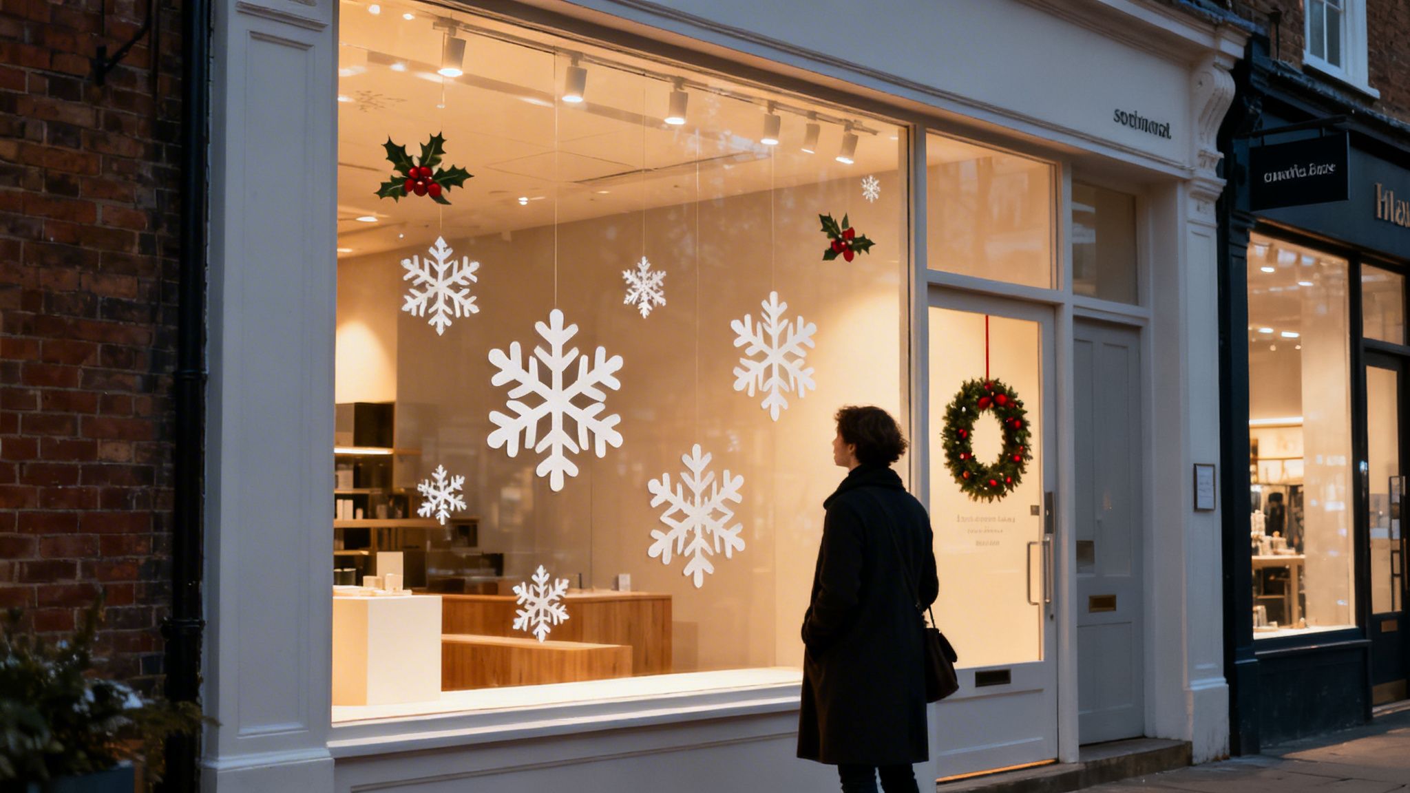 A person looks at a shop window adorned with large white snowflake and holly stickers for Christmas.