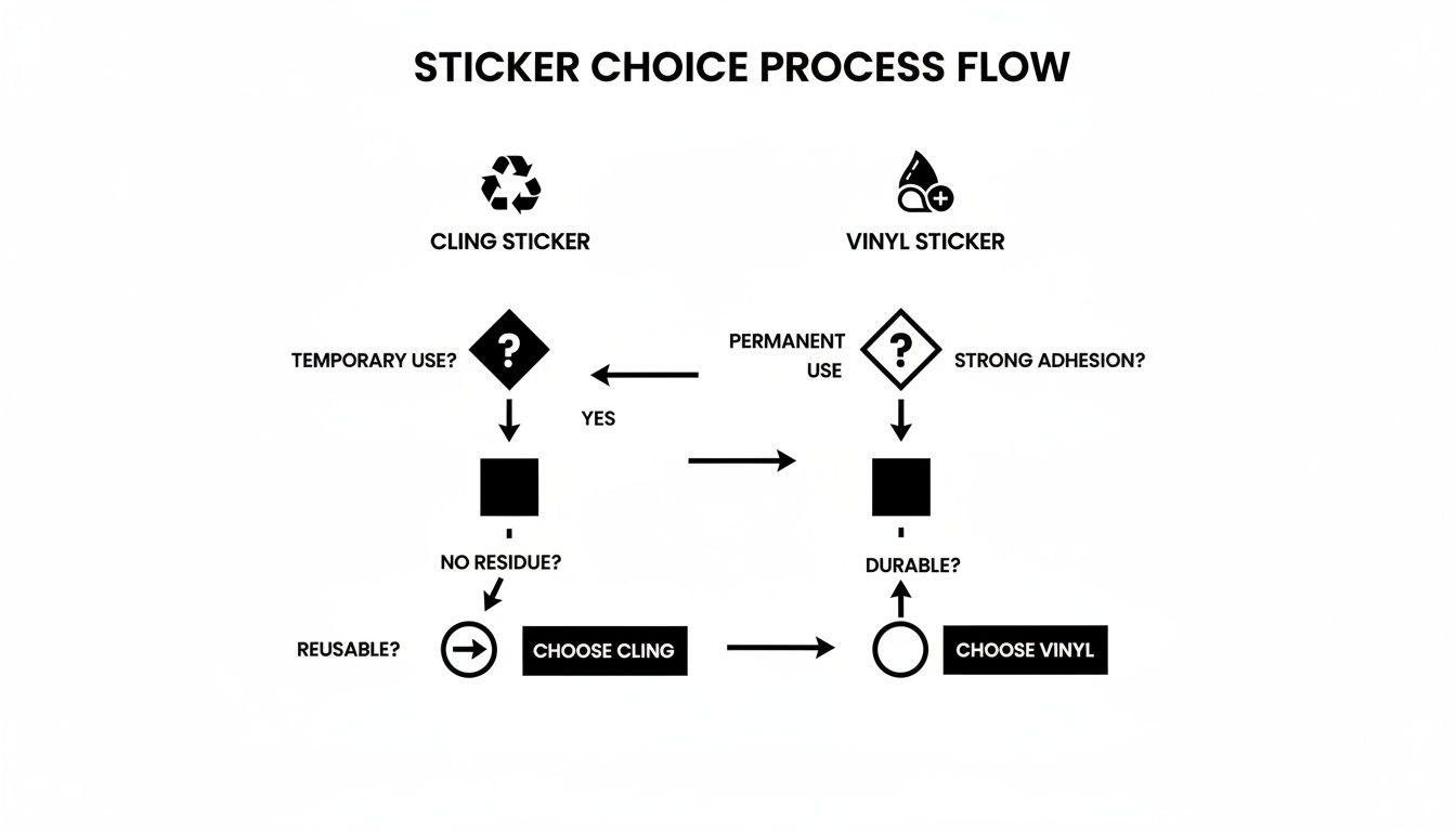 Flowchart explaining how to choose between cling stickers and vinyl stickers based on usage.