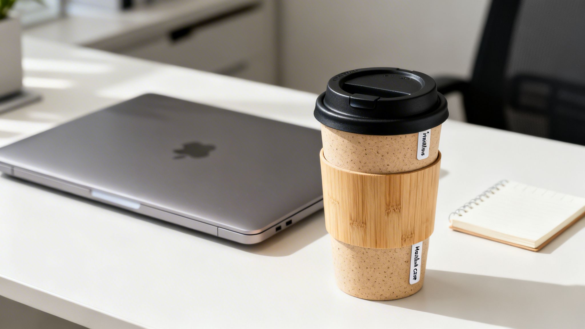 An office desk with a closed silver laptop, a coffee cup with a bamboo sleeve, and a notebook.