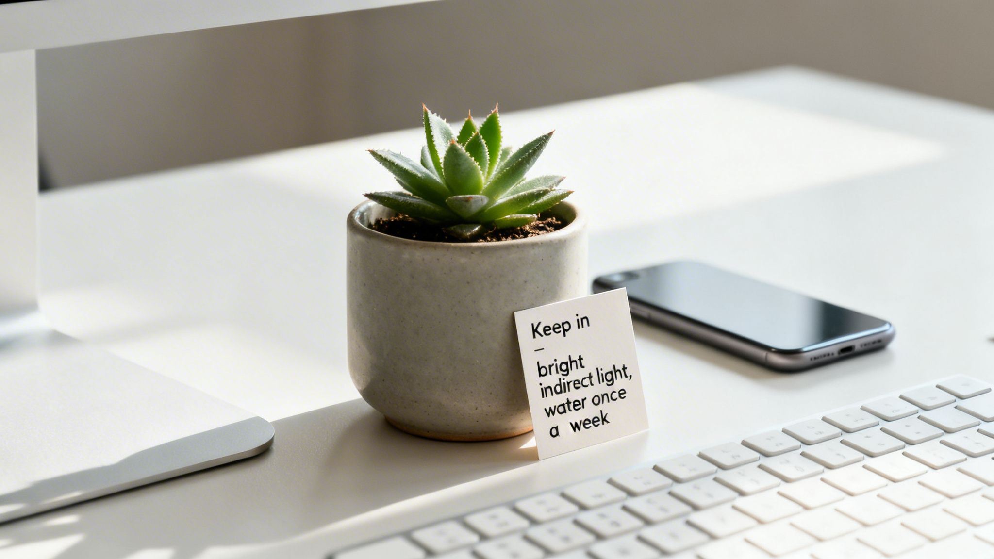 A succulent plant in a ceramic pot with care instructions, a smartphone, and a keyboard on a white office desk.