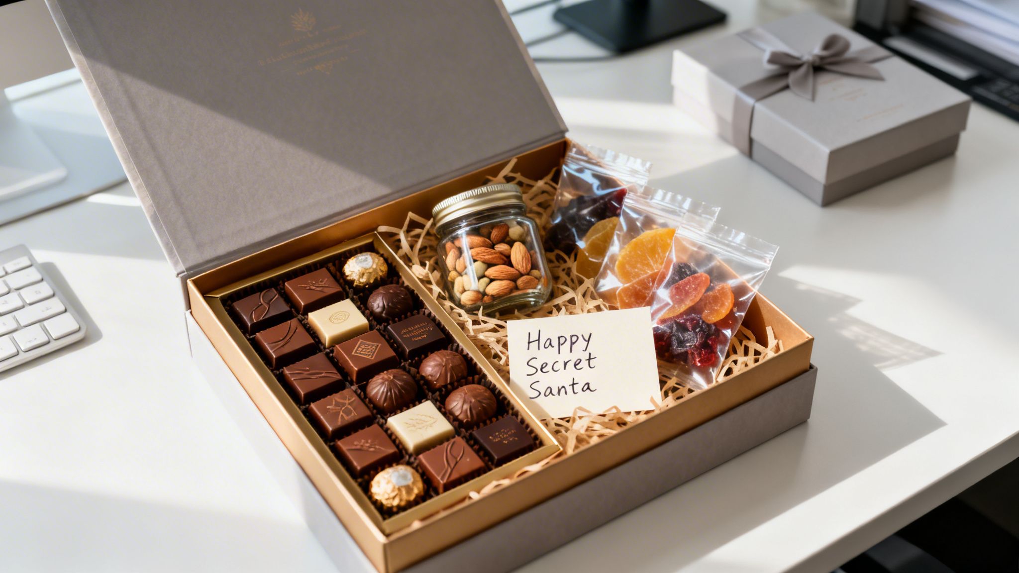 A thoughtful Secret Santa gift box filled with chocolates, nuts, and dried fruit on a desk.