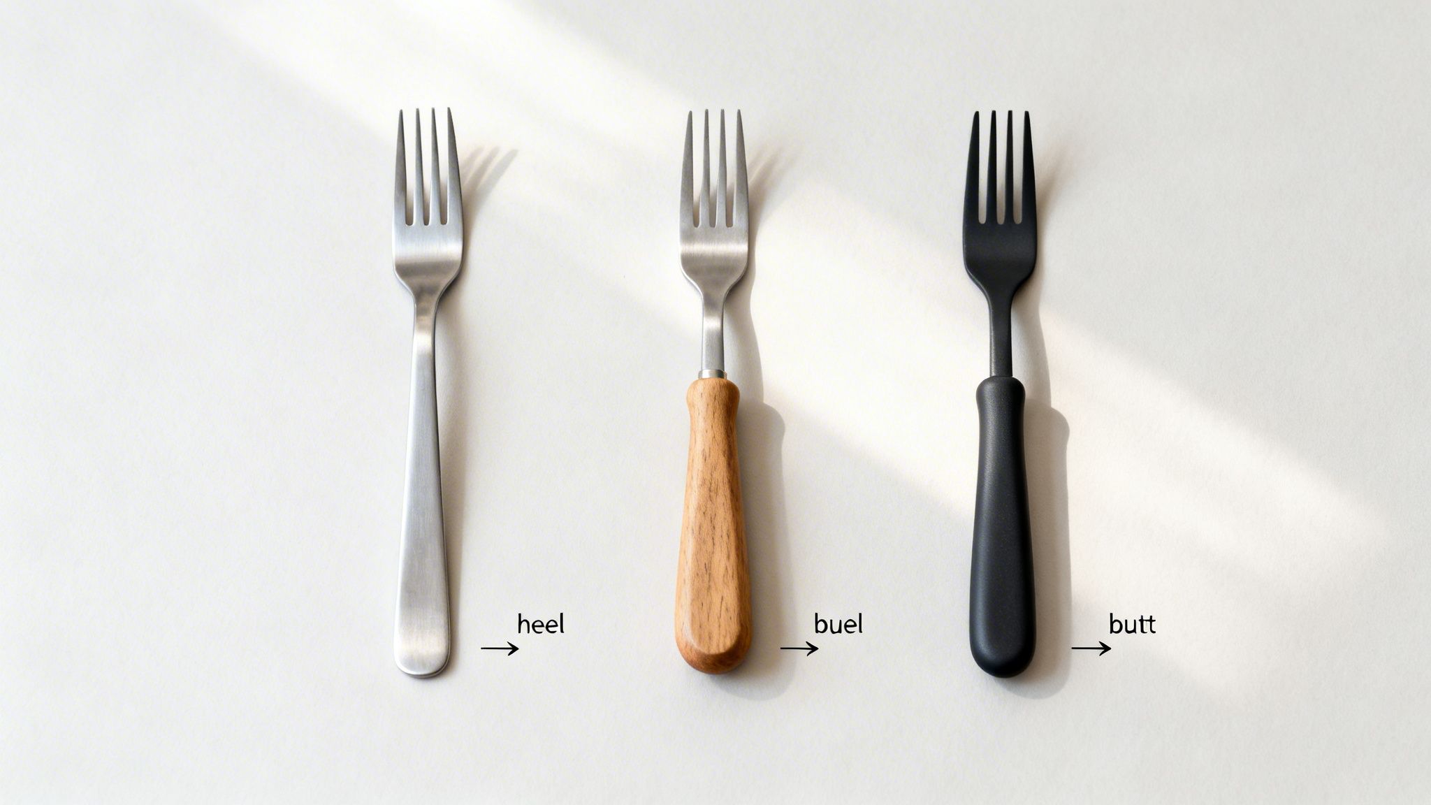 Three forks with different handles, labeled 'heel', 'buel', and 'butt' at their base, showing handle variations.