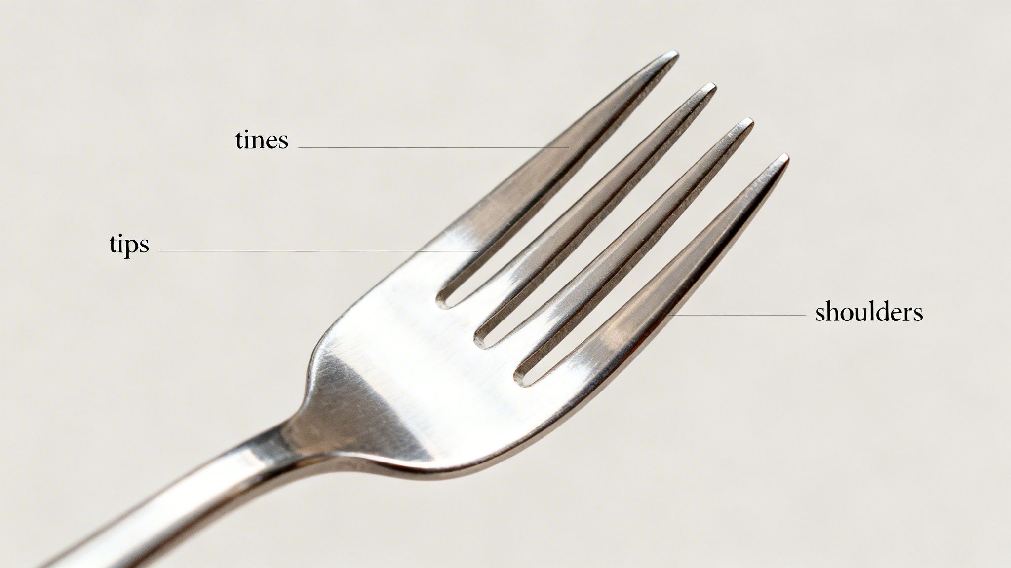 A close-up image of a silver fork's head, labeling its tines, tips, and shoulders for anatomical reference.