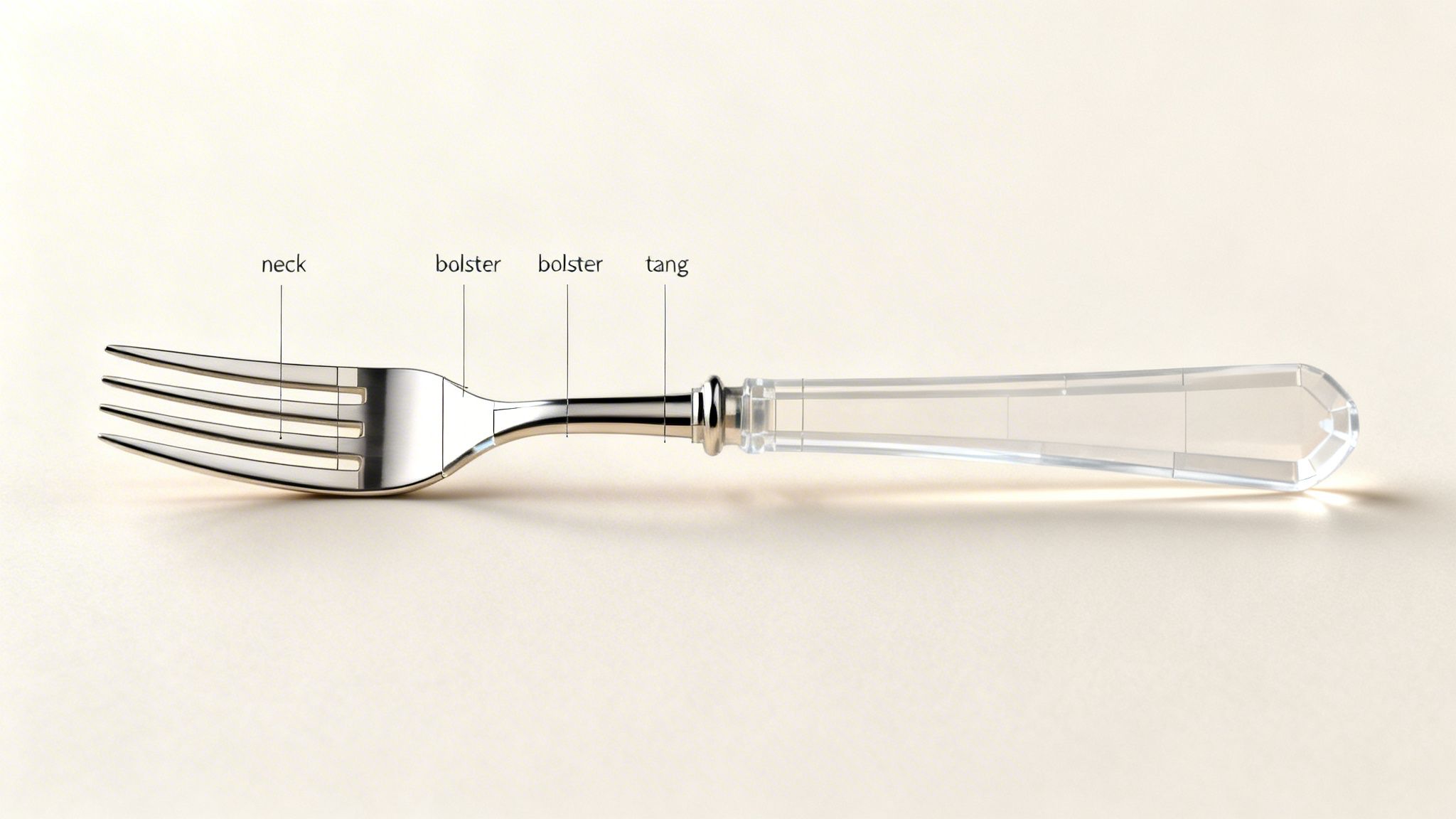 Detailed view of a silver fork with a clear handle, showing labeled parts like neck, bolster, and tang.