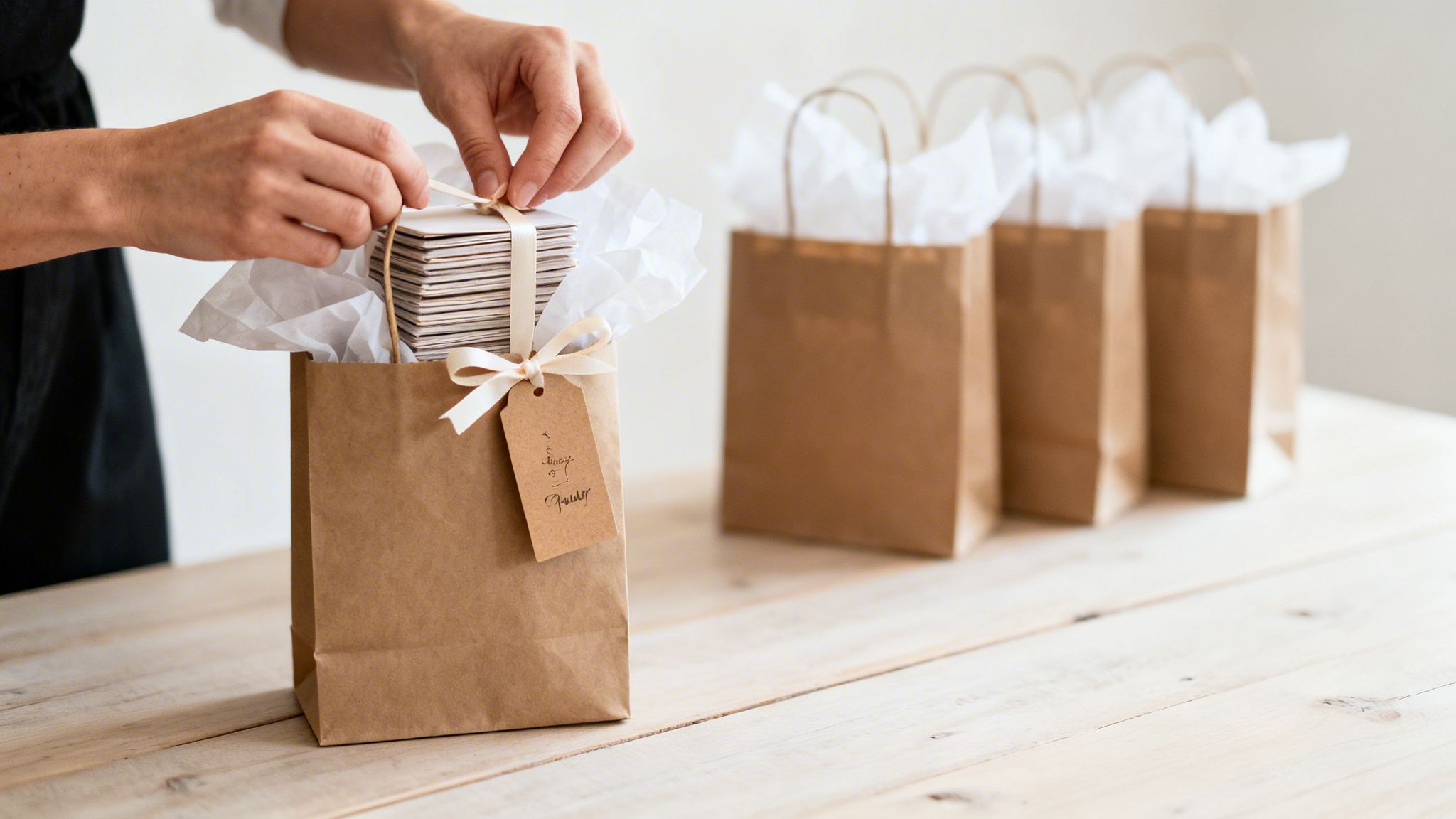 Person's hands tying a ribbon on small gifts inside a brown paper bag, with other bags in the background.