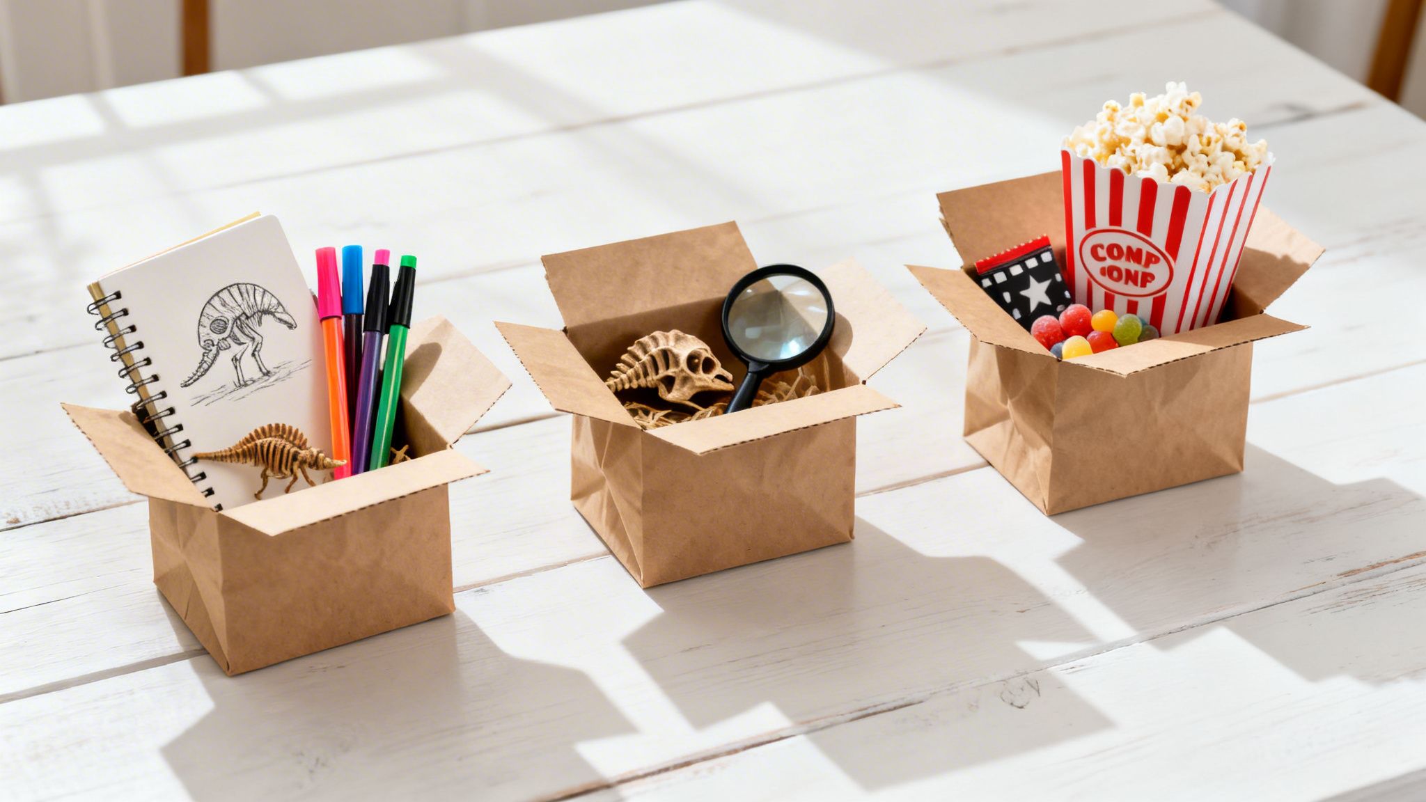 Three party boxes on a white table, filled with drawing supplies, dinosaur exploration tools, and movie snacks.