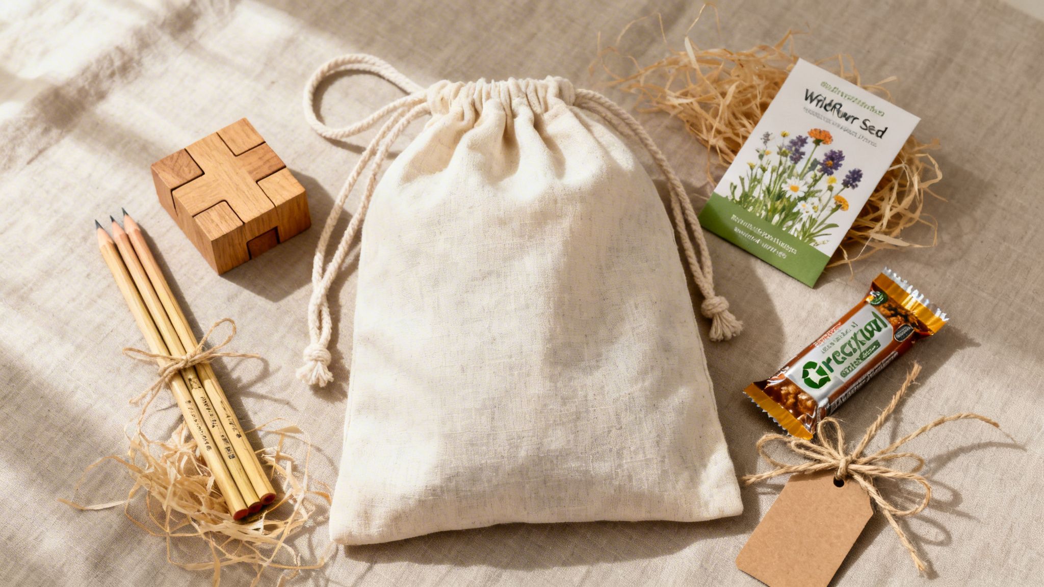 Eco-friendly party favors including a wooden puzzle, pencils, drawstring bag, wildflower seeds, and a snack bar.
