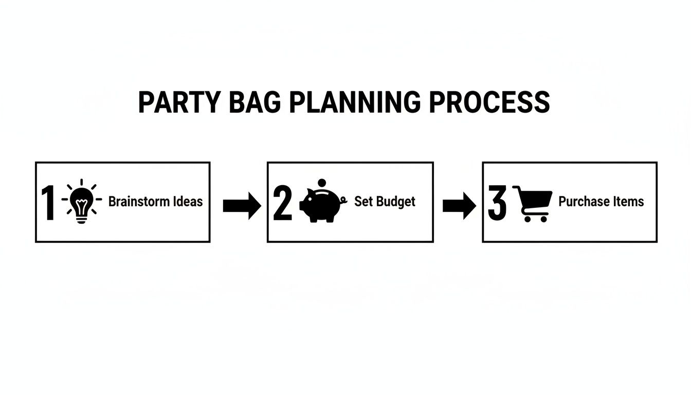 A diagram illustrating a three-step party bag planning process: brainstorm ideas, set budget, and purchase items.