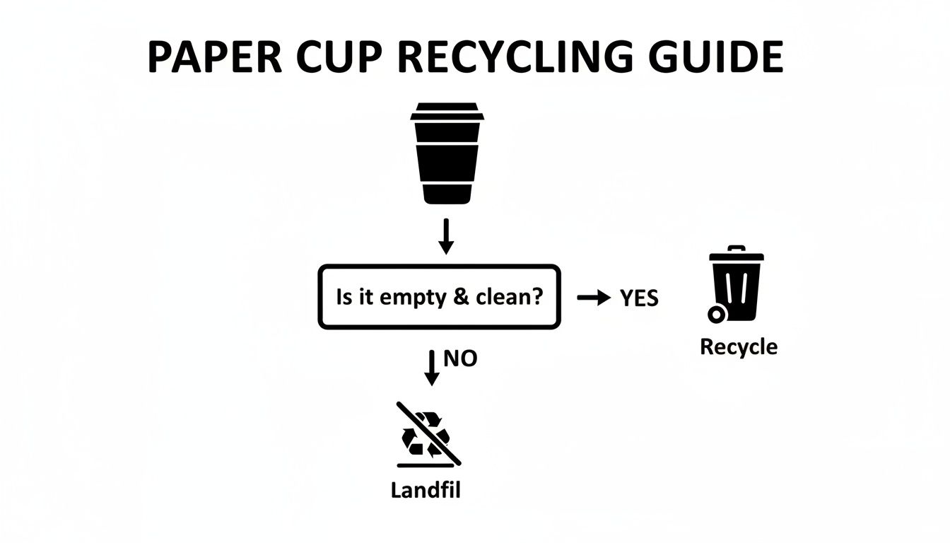 A flowchart outlining the paper cup recycling process: recycle if empty and clean, otherwise landfill.