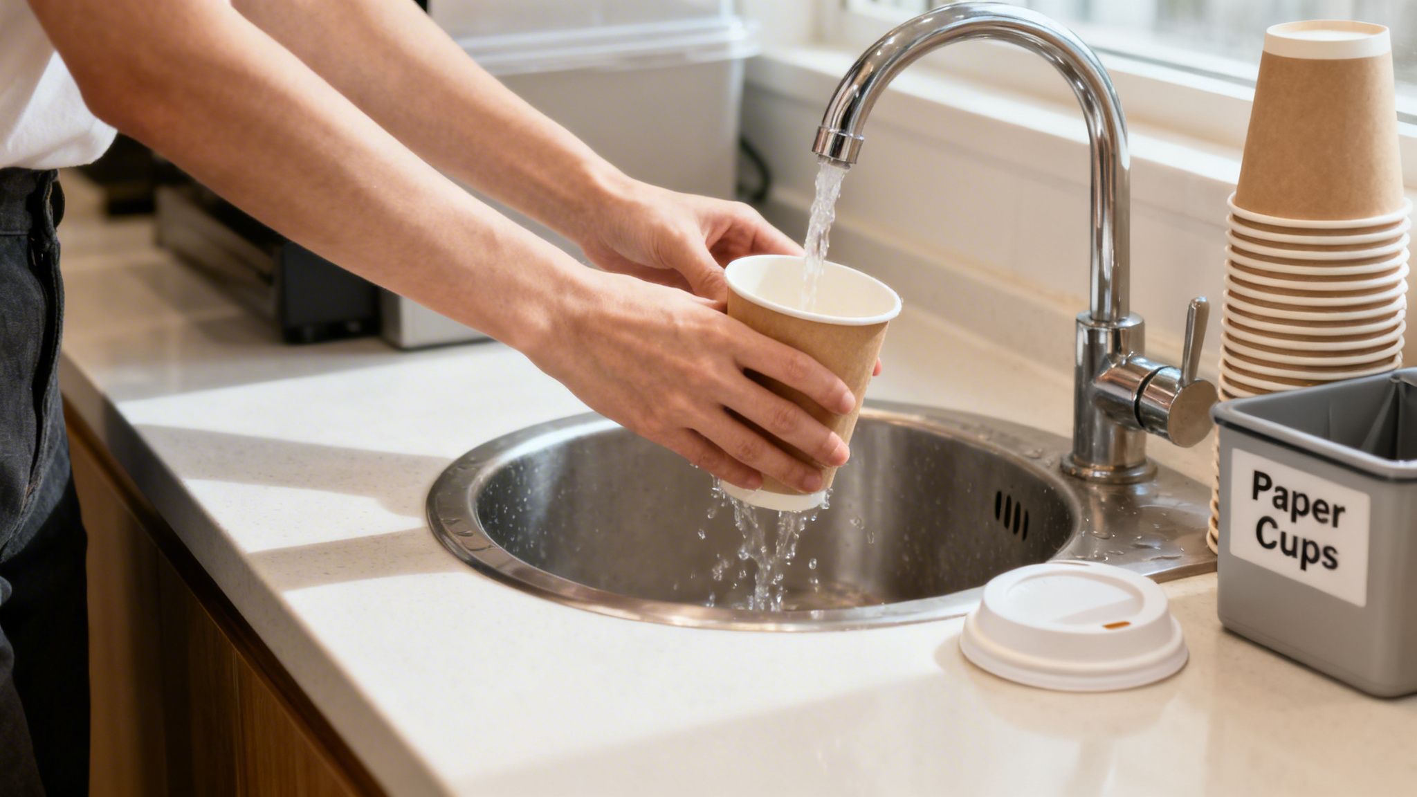 A person rinses a paper cup under a kitchen faucet, preparing it for recycling into a nearby bin.