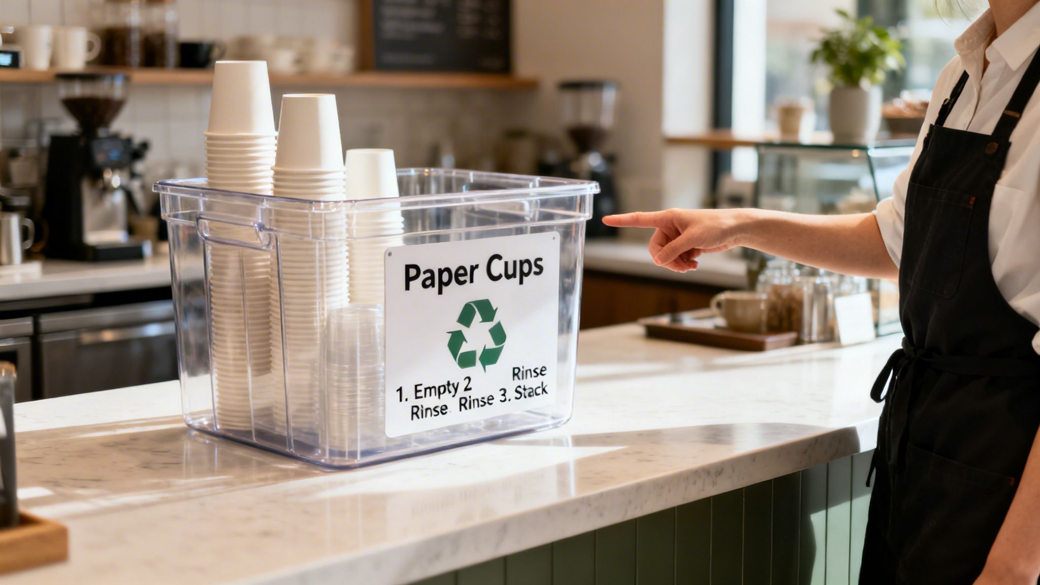 A barista points to a clear bin on a cafe counter for recycling paper cups with instructions.