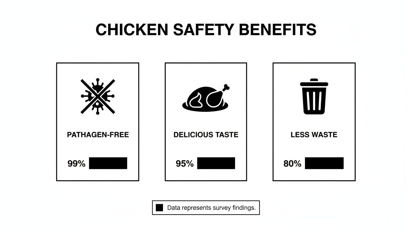 Infographic detailing chicken safety benefits including pathogen-free (99%), delicious taste (95%), and less waste (80%).