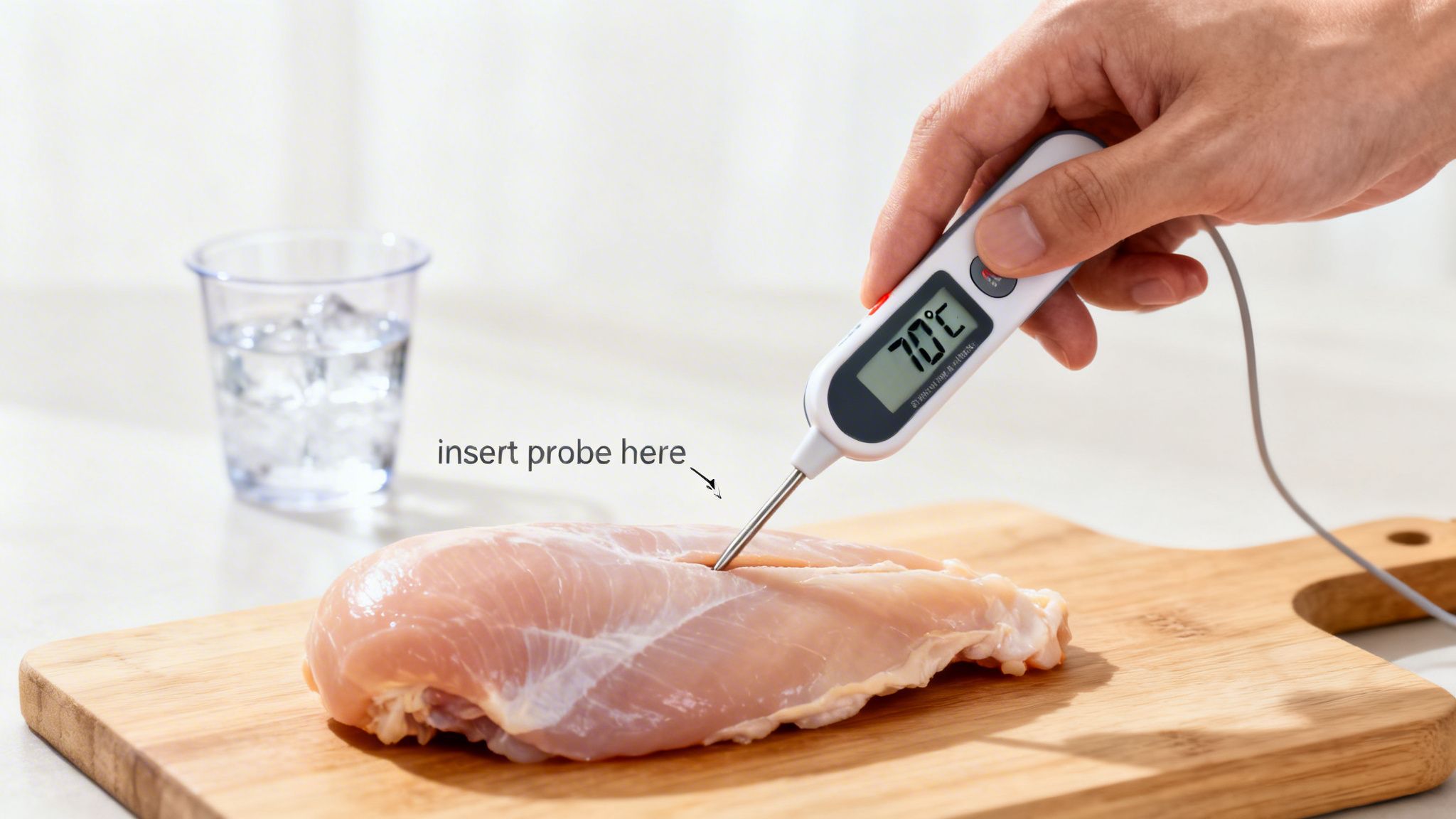 Measuring raw chicken breast temperature with a digital thermometer reading 70°C on a wooden board.