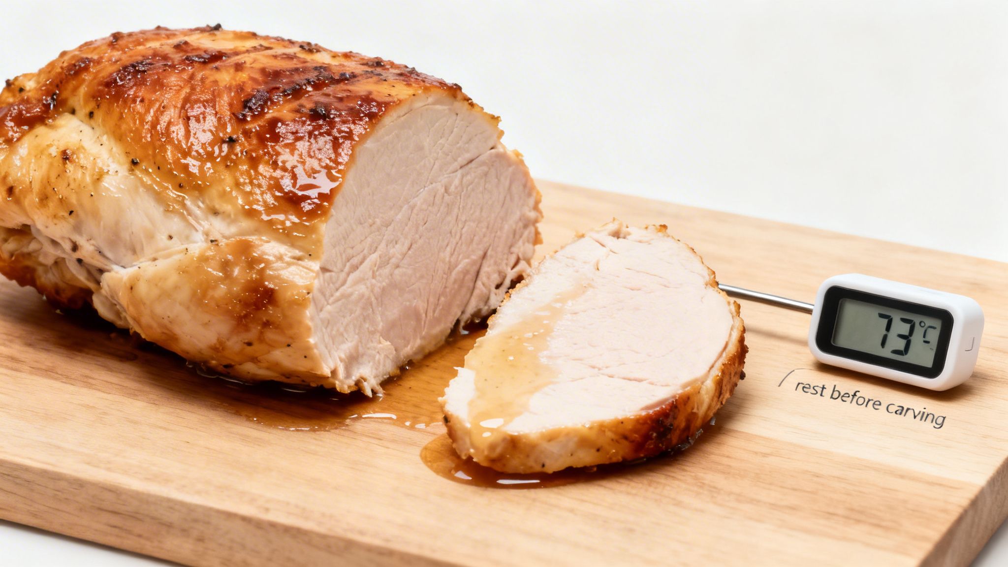 A perfectly cooked chicken roast on a wooden board with a slice cut and a meat thermometer showing 73°C.