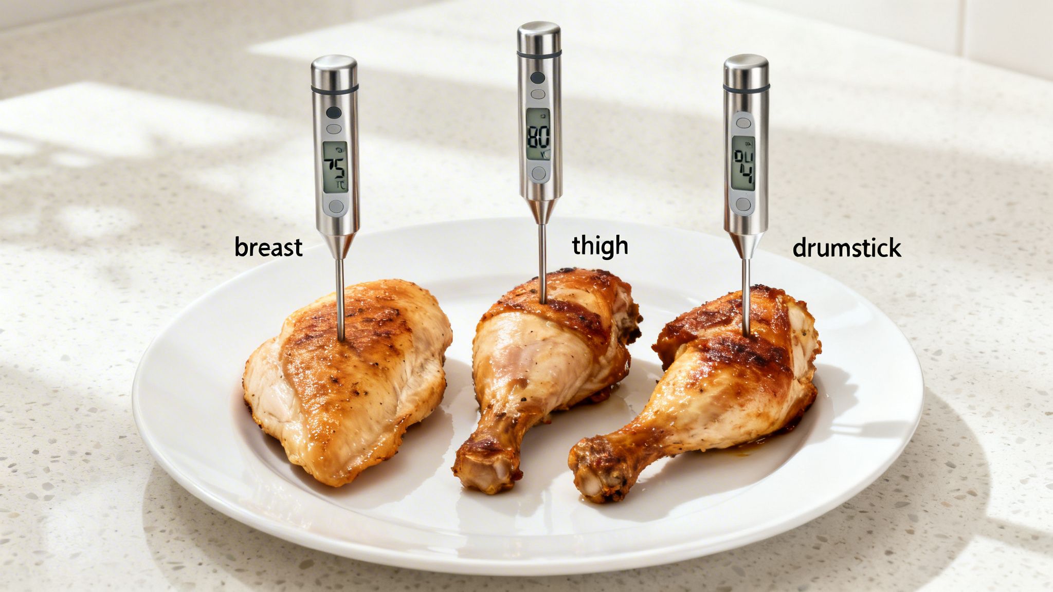 Three pieces of cooked chicken (breast, thigh, drumstick) with digital thermometers showing internal temperatures.