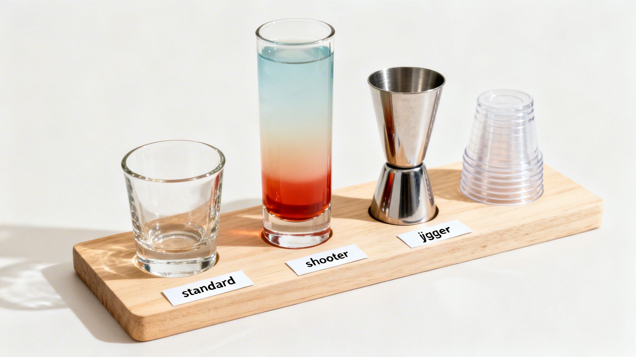 Various shot glasses, a jigger, and plastic cups on a wooden tray, labeled for measurement types.