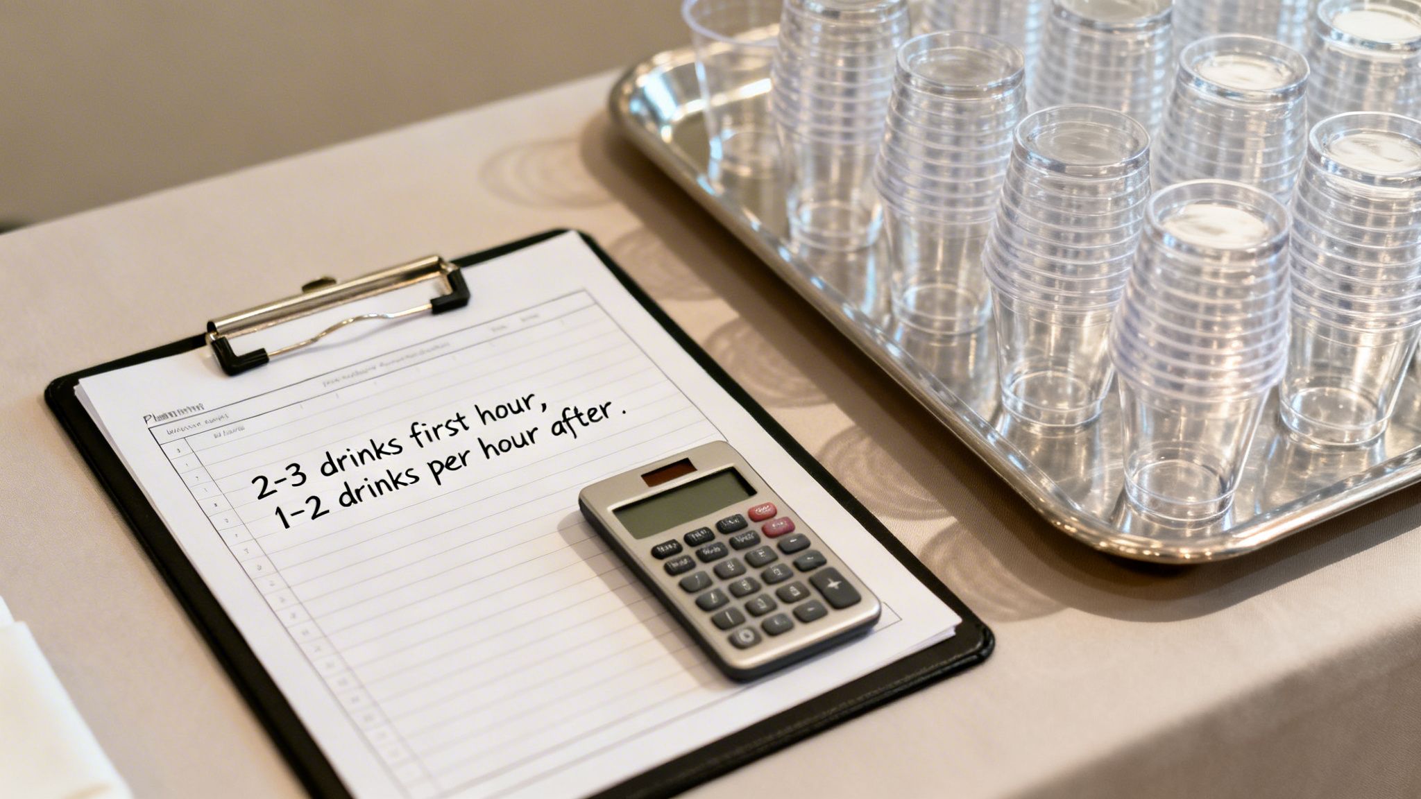 A clipboard with drink consumption guidelines, a calculator, and plastic cups on a tray.