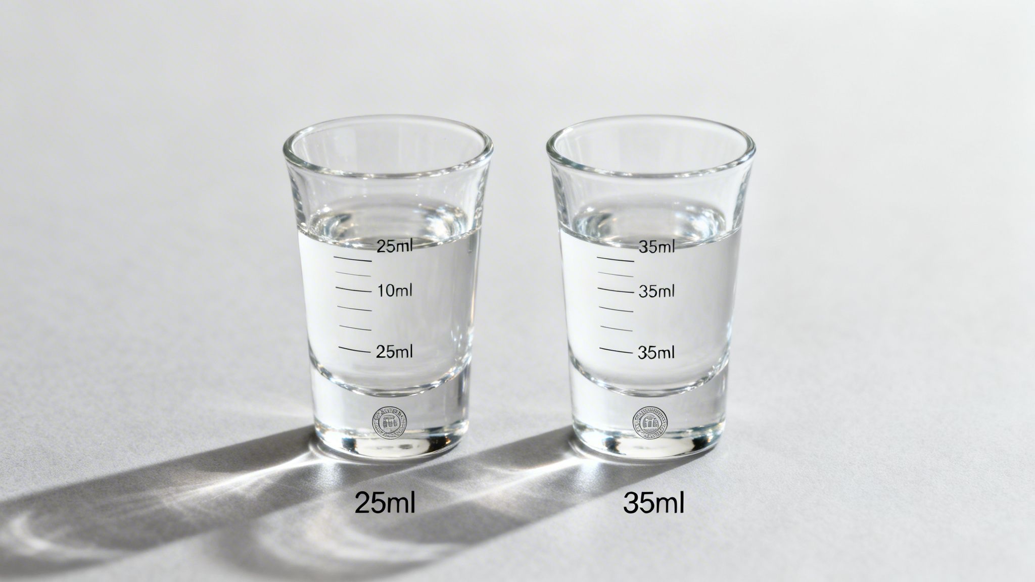 Two clear shot glasses with liquid, one marked 25ml and the other 35ml.