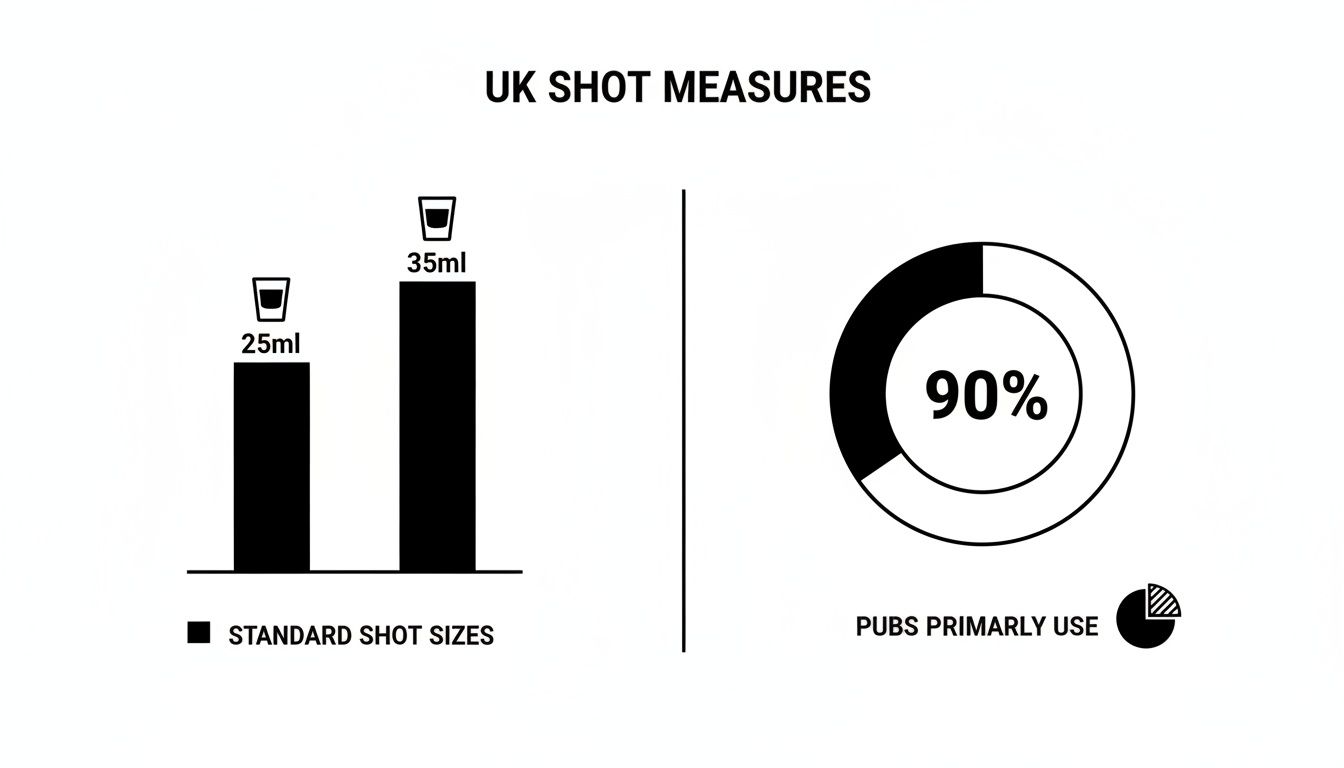 Bar chart comparing 25ml and 35ml UK shot sizes, with a pie chart indicating 90% pub usage.