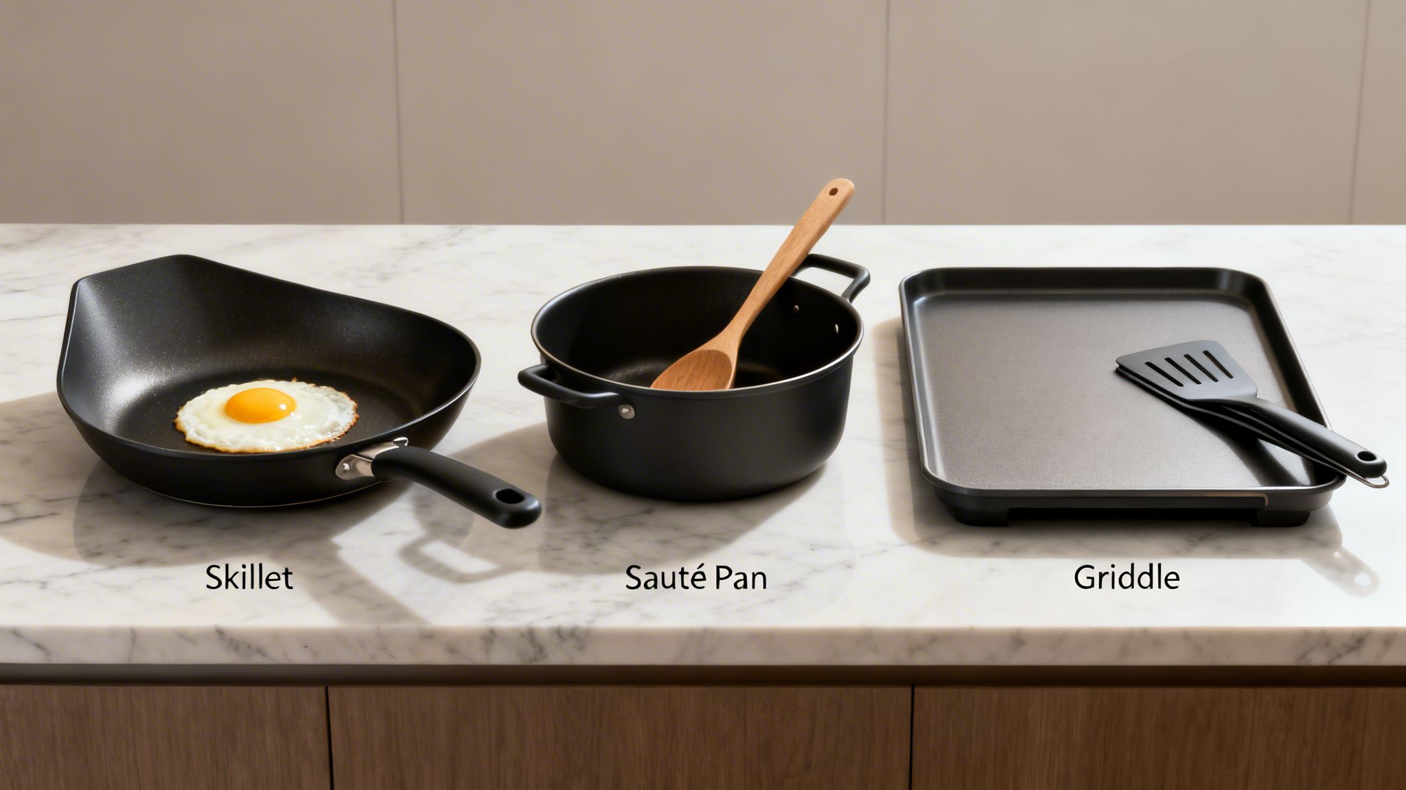 Three different black nonstick cooking pans: a skillet with an egg, a sauté pan with a wooden spoon, and a griddle with a spatula.