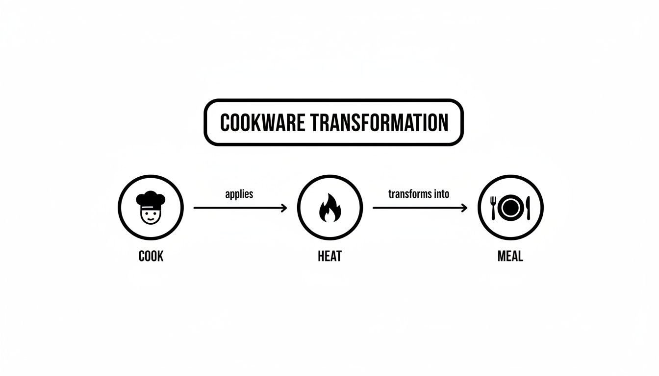 Flowchart titled 'Cookware Transformation' showing how a cook applies heat to create a meal.