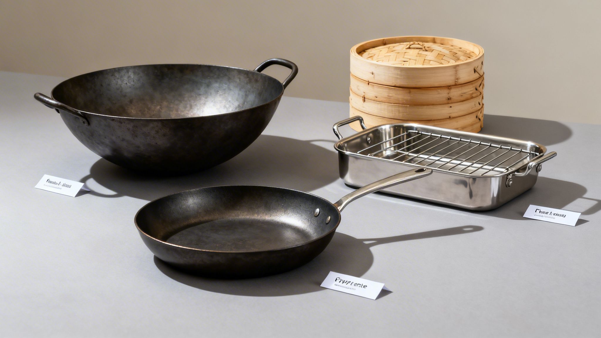 A collection of cooking pots and pans including a wok, frying pan, roasting pan, and bamboo steamers.