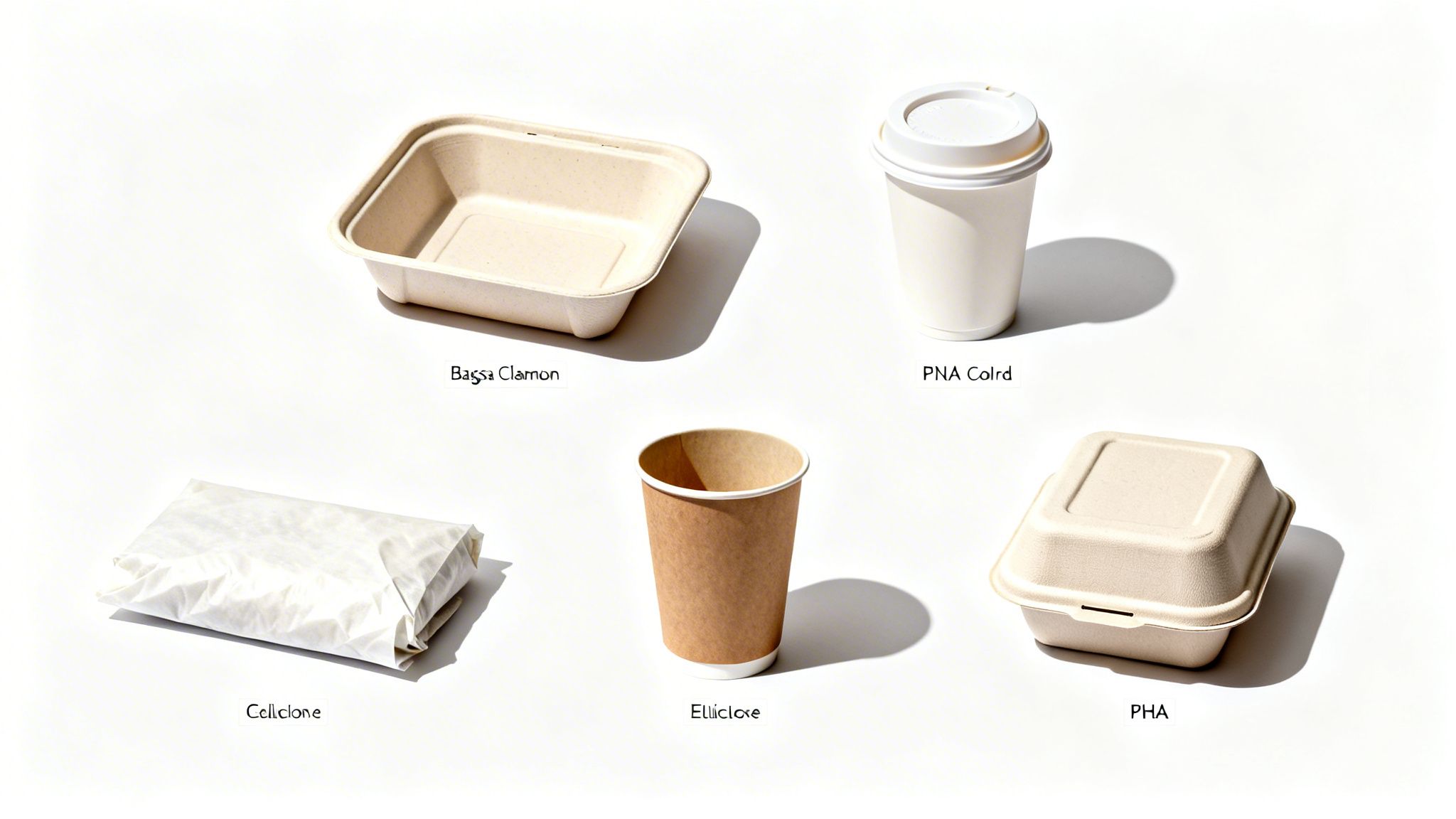 Five different types of eco-friendly and biodegradable food packaging, including containers, cups, and wraps.