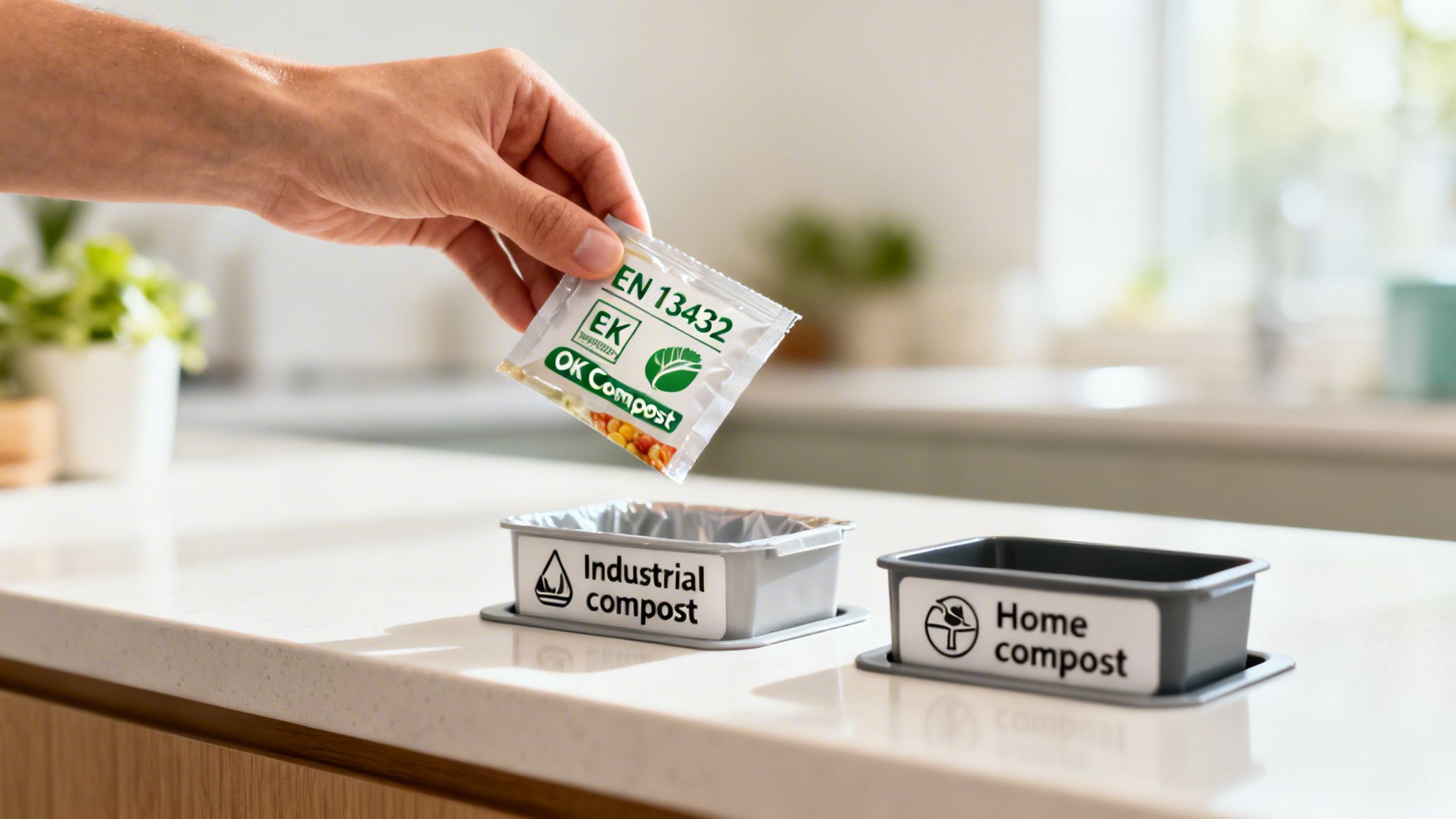 Hand dropping 'OK Compost' certified biodegradable packaging into an industrial compost bin, next to a home compost container.
