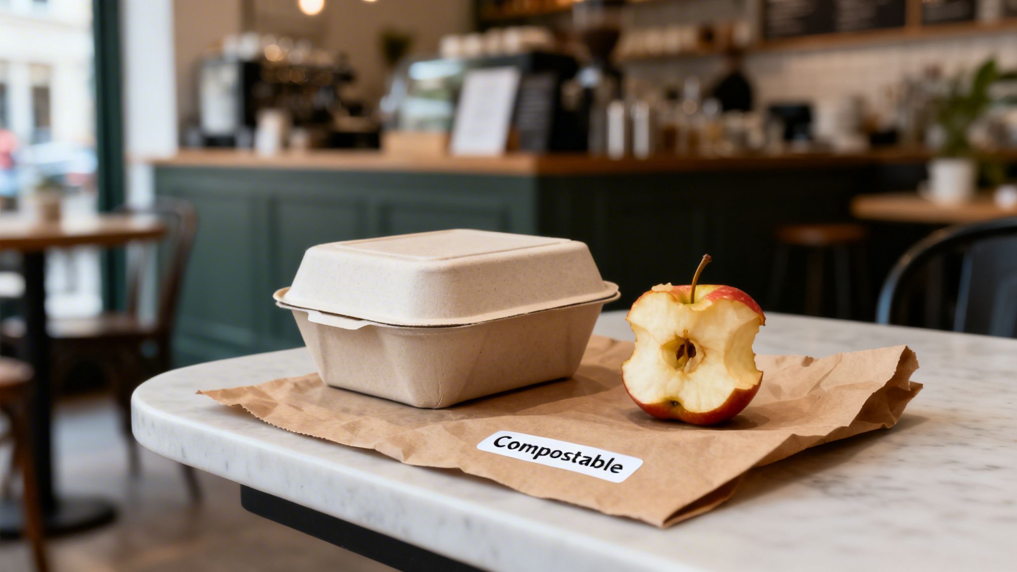 A compostable takeout container and an apple core on a brown paper bag with a 'Compostable' label.