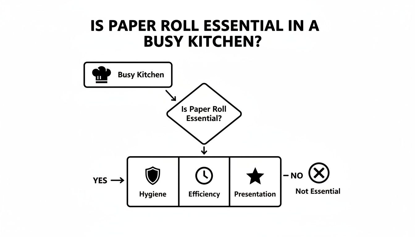 Flowchart analyzing paper roll essentiality in a busy kitchen, highlighting hygiene, efficiency, and presentation benefits.