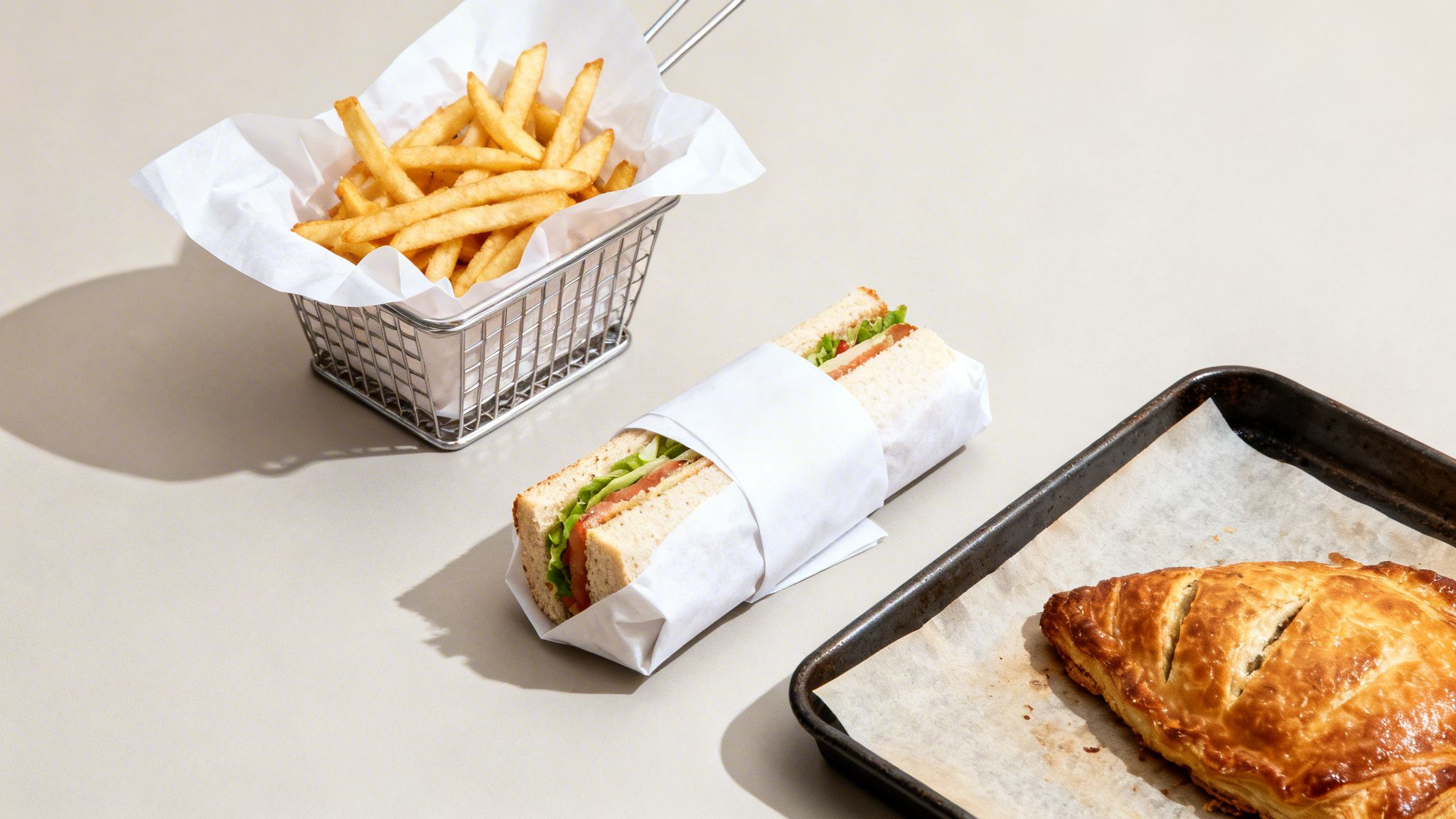 Golden french fries in a metal basket, a paper-wrapped sandwich, and a savory pastry on a light table.