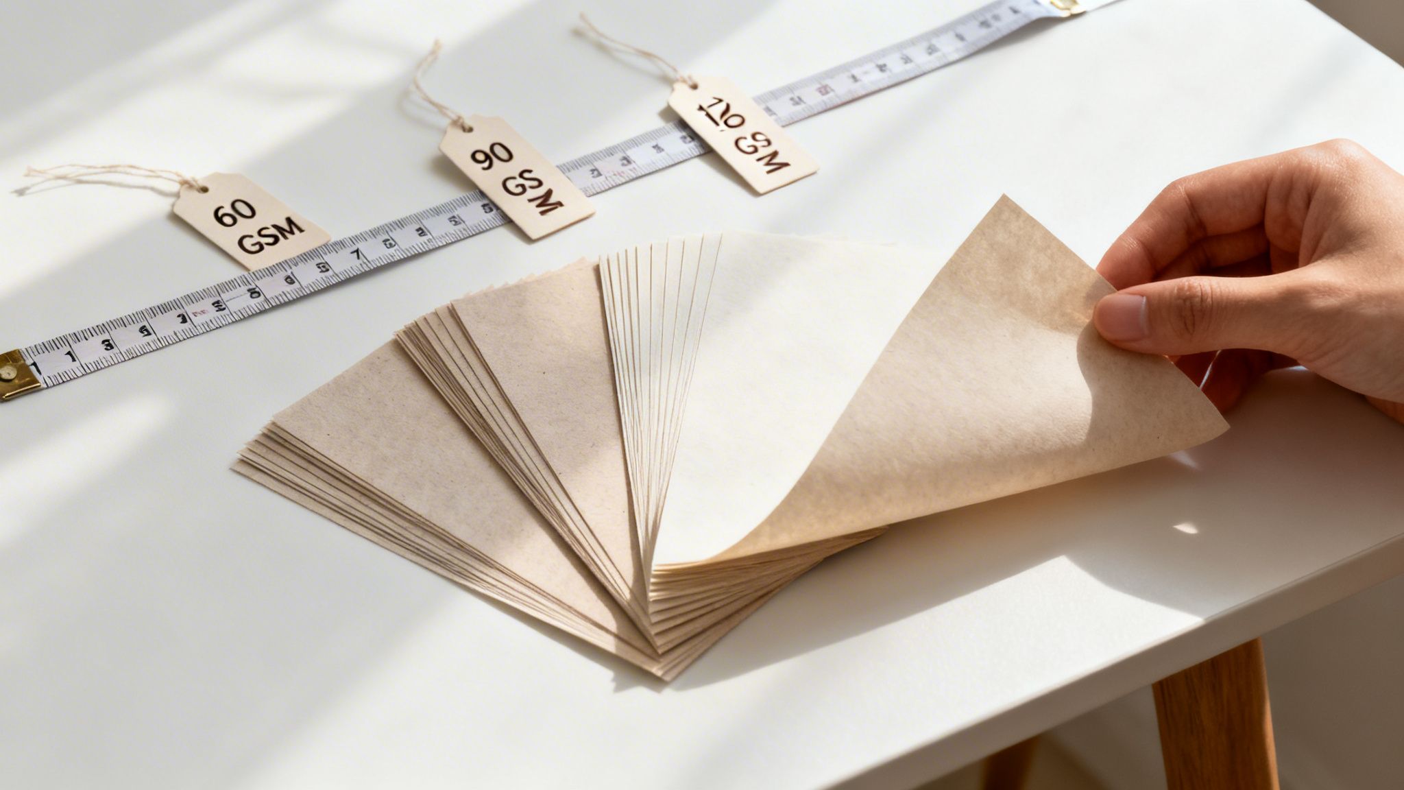 Close-up of a hand examining paper samples, labeled 60, 90, and 120 GSM, next to a measuring tape.