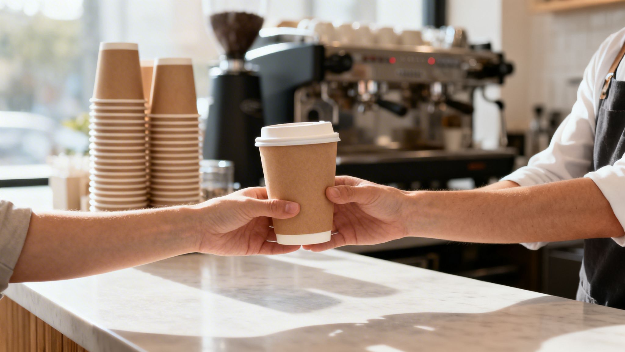 A barista hands a disposable coffee cup to a customer across a bright cafe counter.