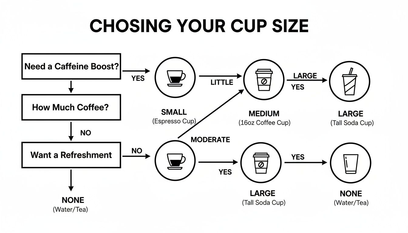 A flowchart titled 'Chosing Your Cup Size' guides users to select coffee, soda, or water based on their needs.