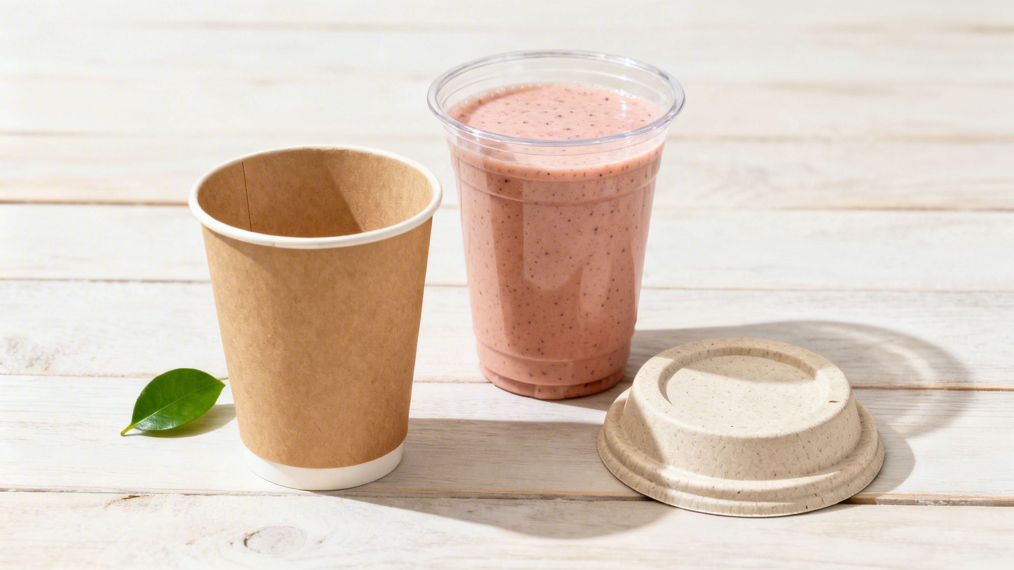 A clear plastic cup of pink smoothie, an empty brown paper cup, and a lid on a white wooden table with a green leaf.
