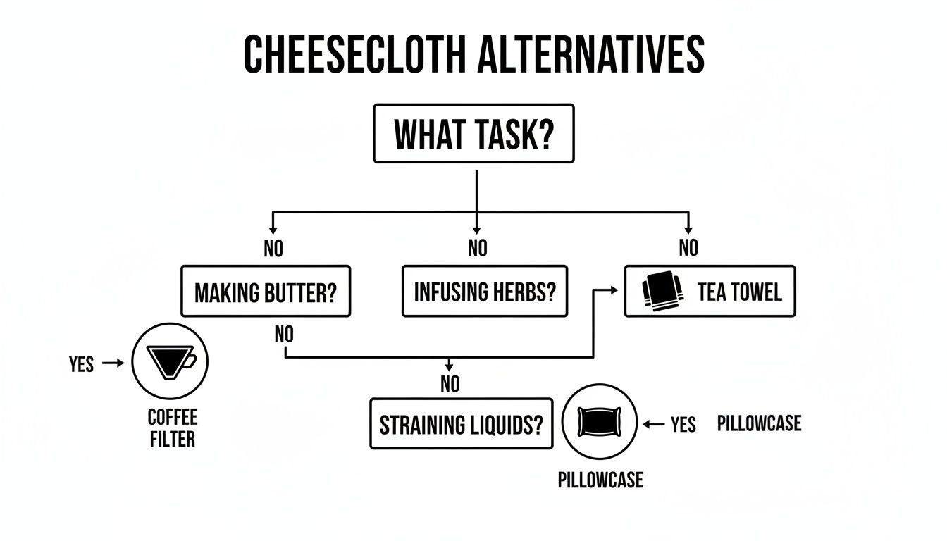 Flowchart showing cheesecloth alternatives for kitchen tasks: coffee filter, tea towel, or pillowcase.