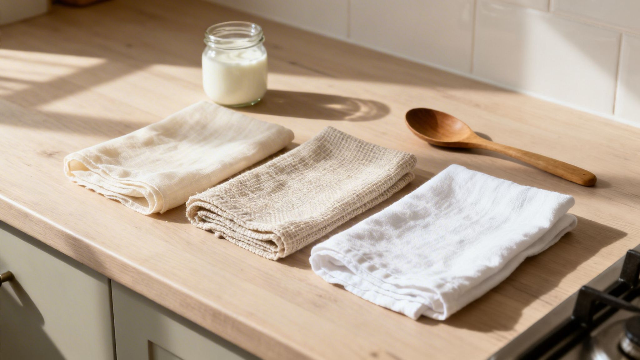 Three natural fabric kitchen towels, a jar of yogurt, and a wooden spoon on a light wooden counter.