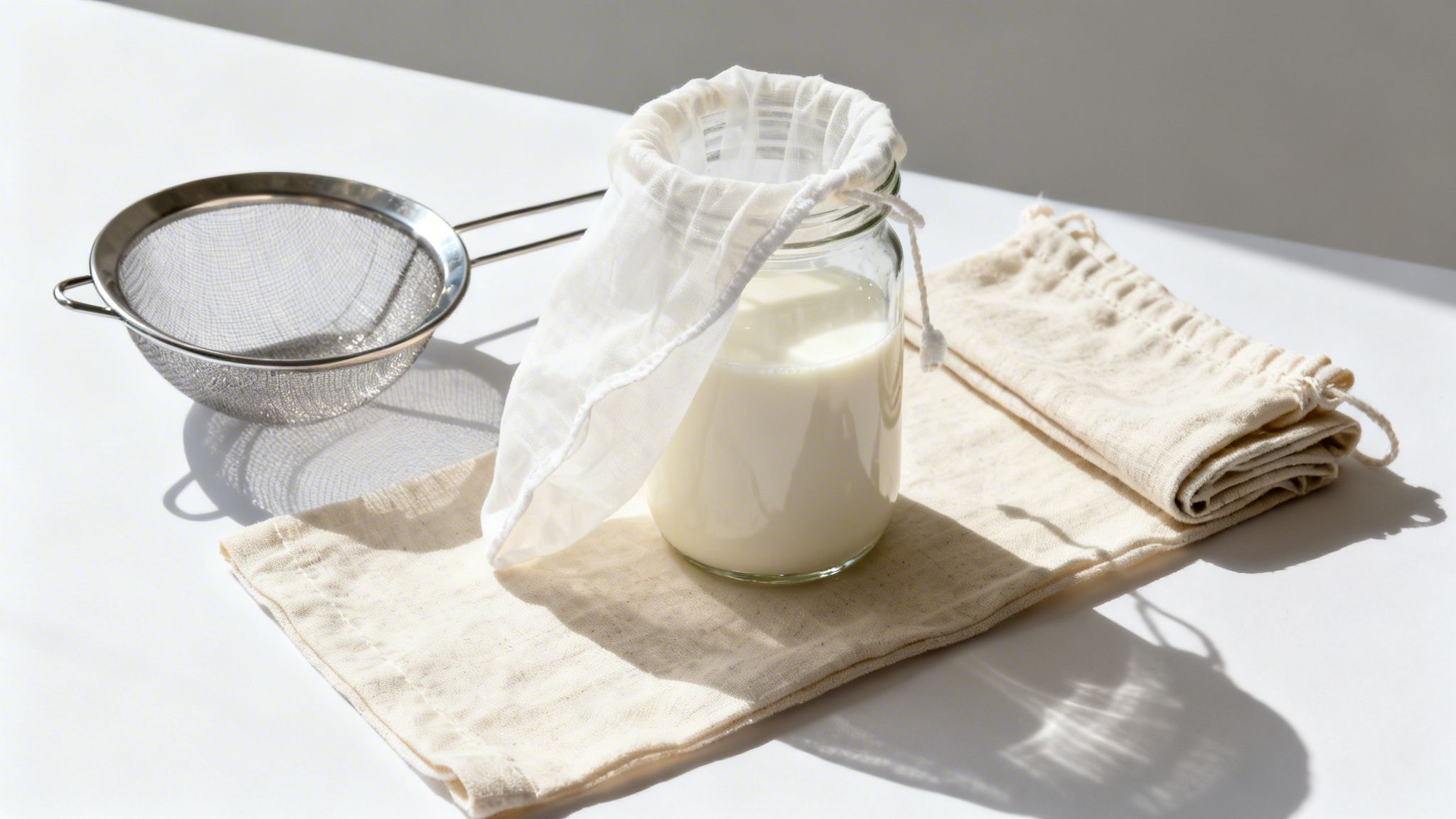 Tools for making plant-based milk including a glass of milk, metal sieve, and reusable cloth bags.