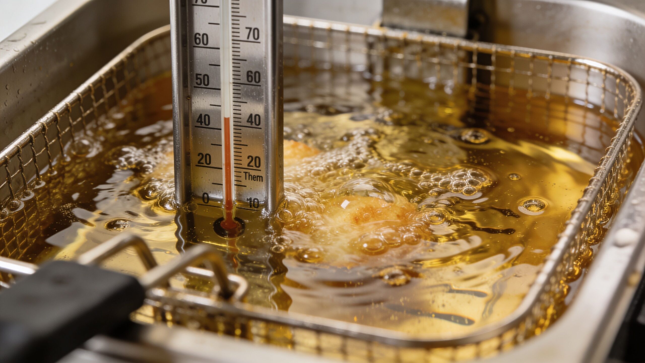 A stainless steel deep fryer with a food thermometer submerged in hot golden oil cooking food.