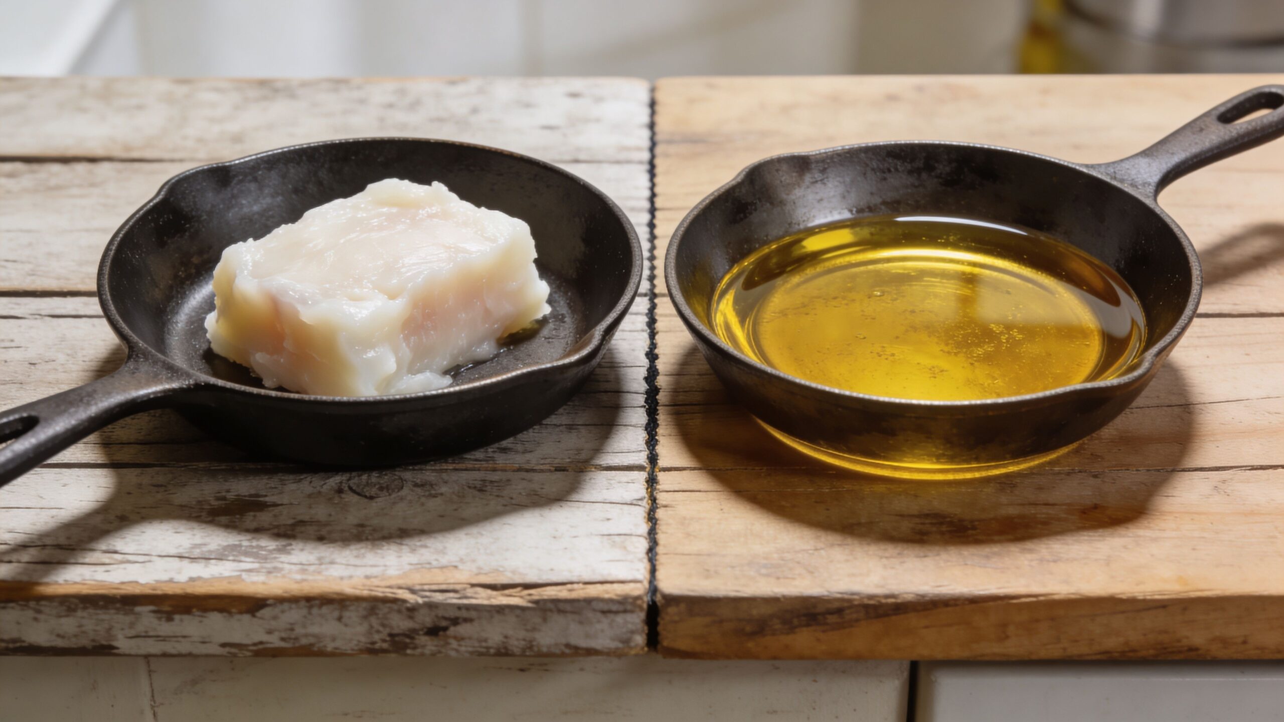 A raw white fish fillet in a cast-iron skillet next to a pan filled with golden cooking oil.