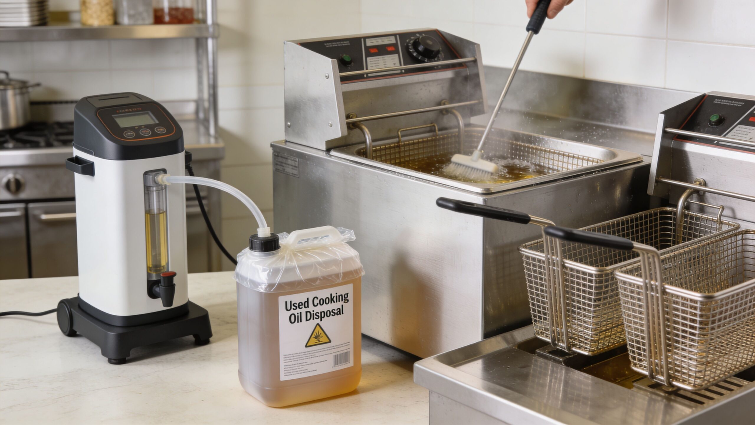 A commercial kitchen workspace showing an oil filtration machine cleaning used cooking oil from a deep fryer.