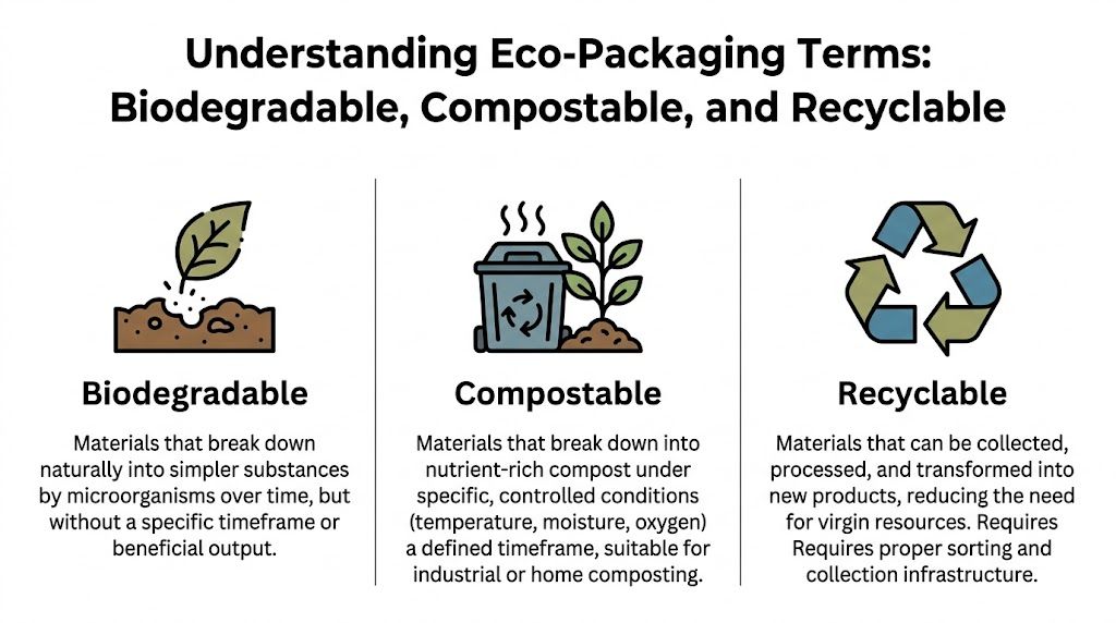 An infographic defining and distinguishing between the eco-packaging terms biodegradable, compostable, and recyclable with simple illustrations.