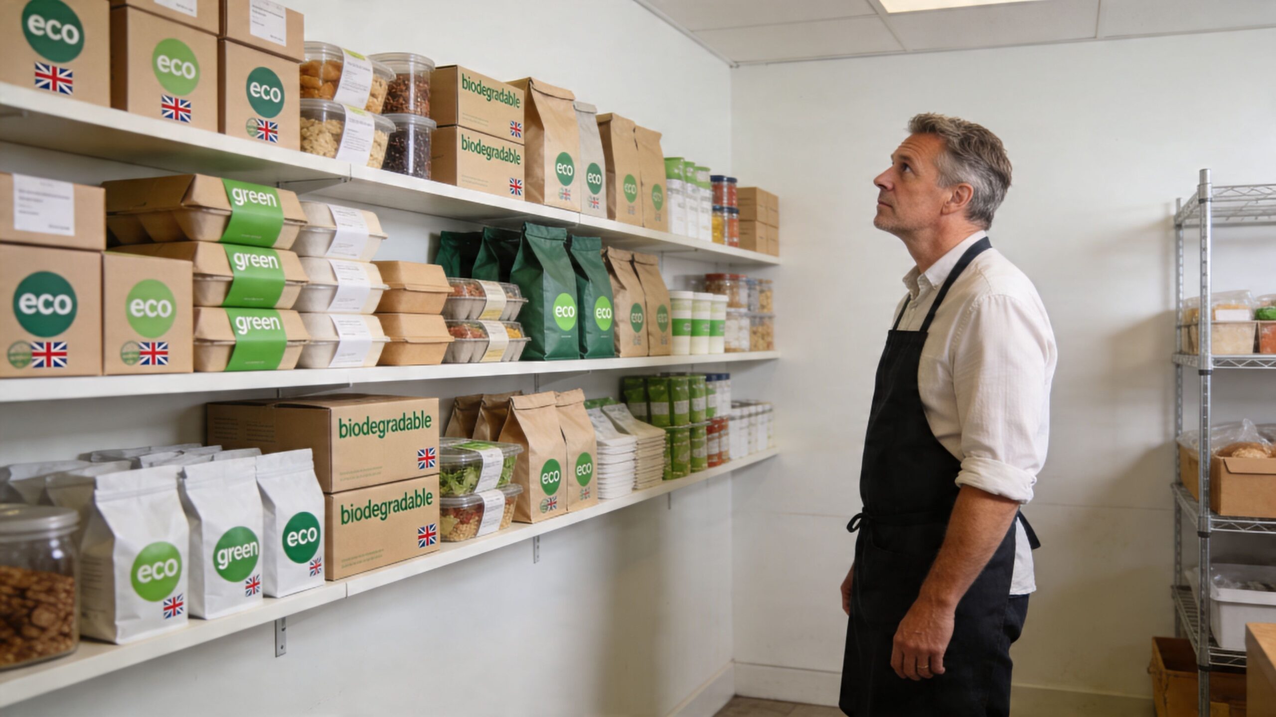 A shopkeeper in a black apron looking at shelves stocked with eco-friendly and biodegradable food packaging items.