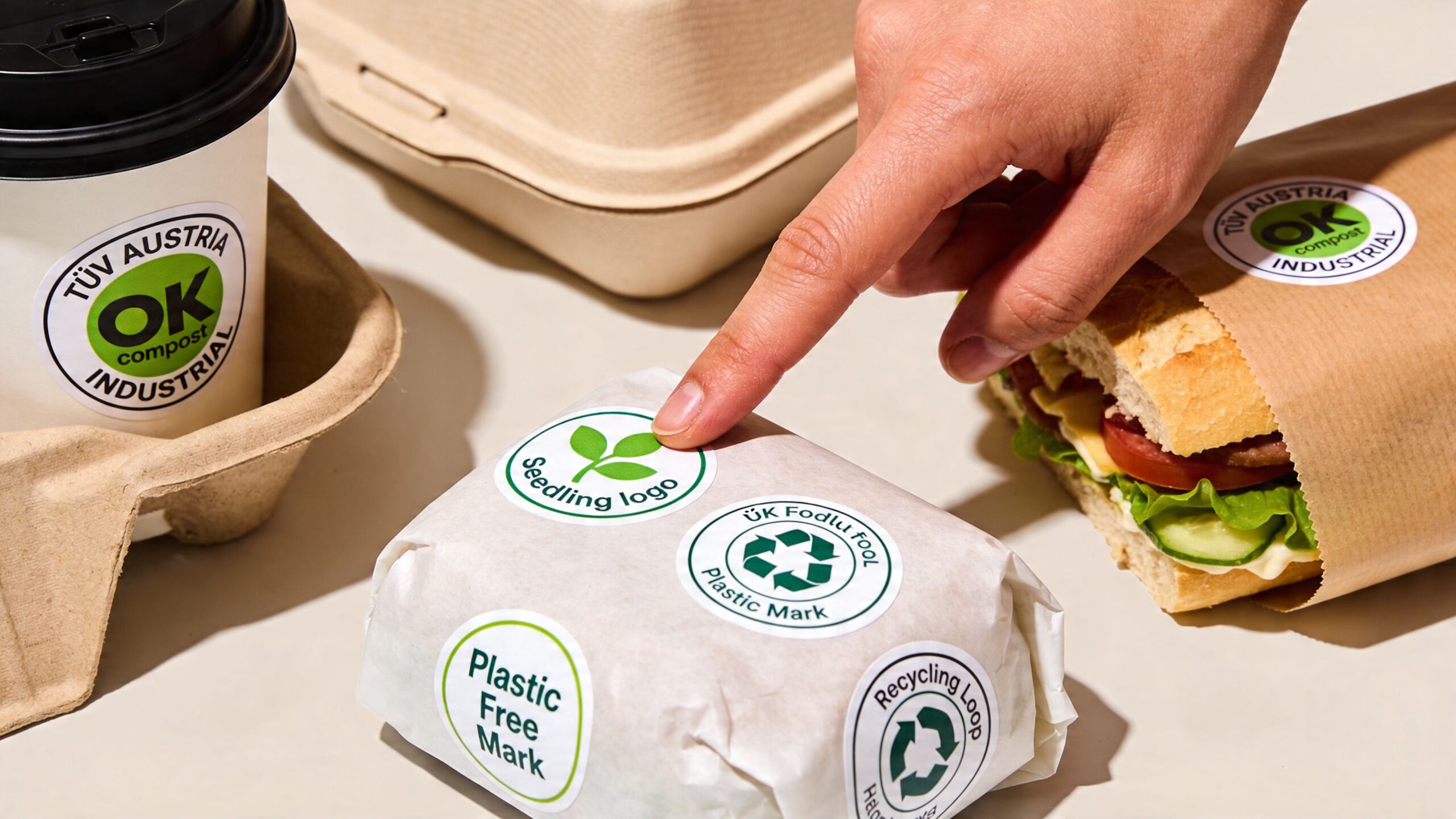 A hand points to various labels on biodegradable food packaging, highlighting eco-friendly certification marks for sustainable dining.