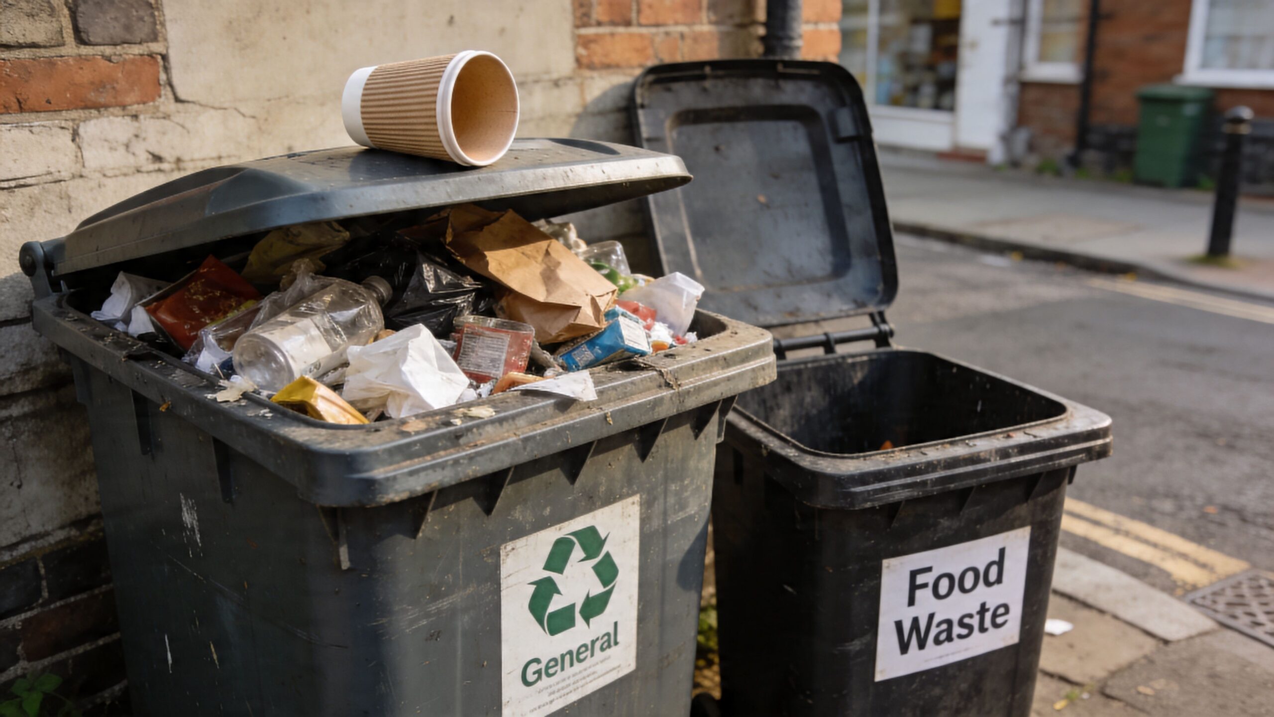 An overflowing general waste bin and an empty food waste bin sitting on a sidewalk street.