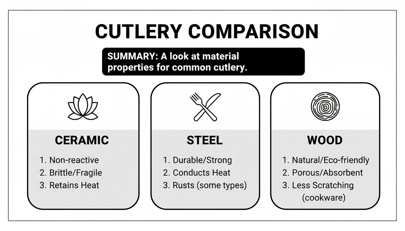 Comparison chart detailing properties of ceramic, steel, and wood cutlery, highlighting their uses.