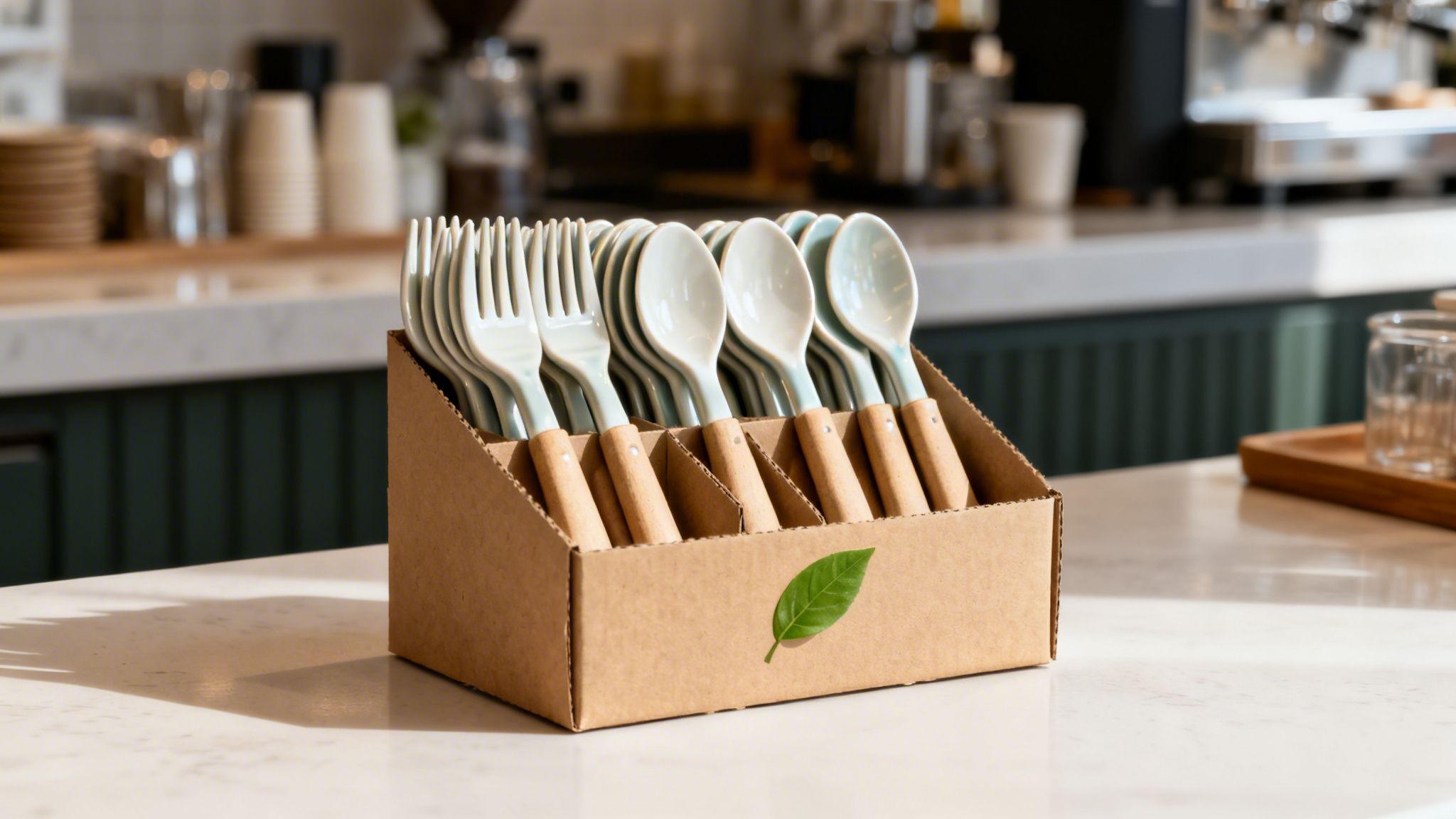 Eco-friendly ceramic forks and spoons with wooden handles neatly arranged in a cardboard box on a cafe counter.