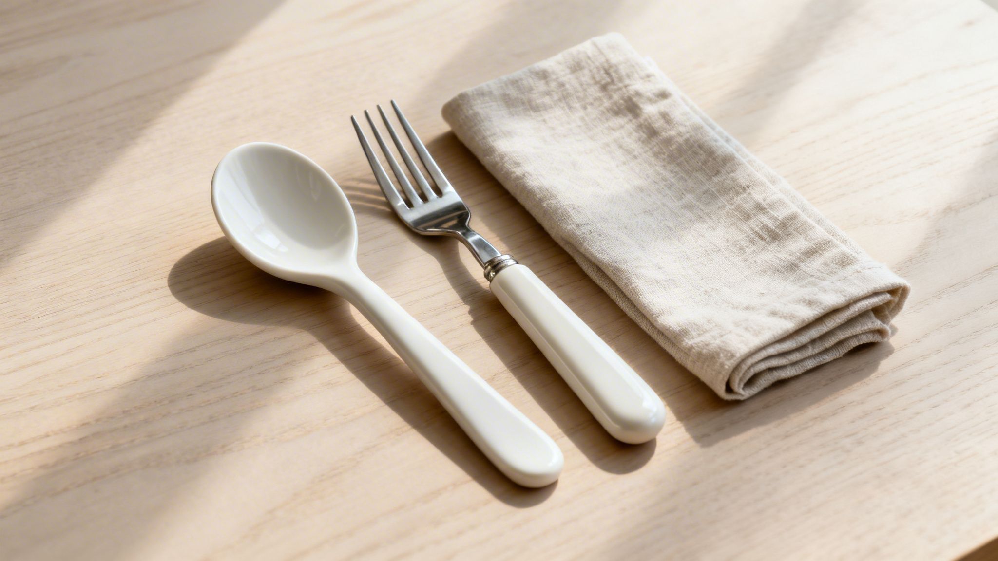 White ceramic spoon and fork with a beige linen napkin on a wooden table with sun shadows.